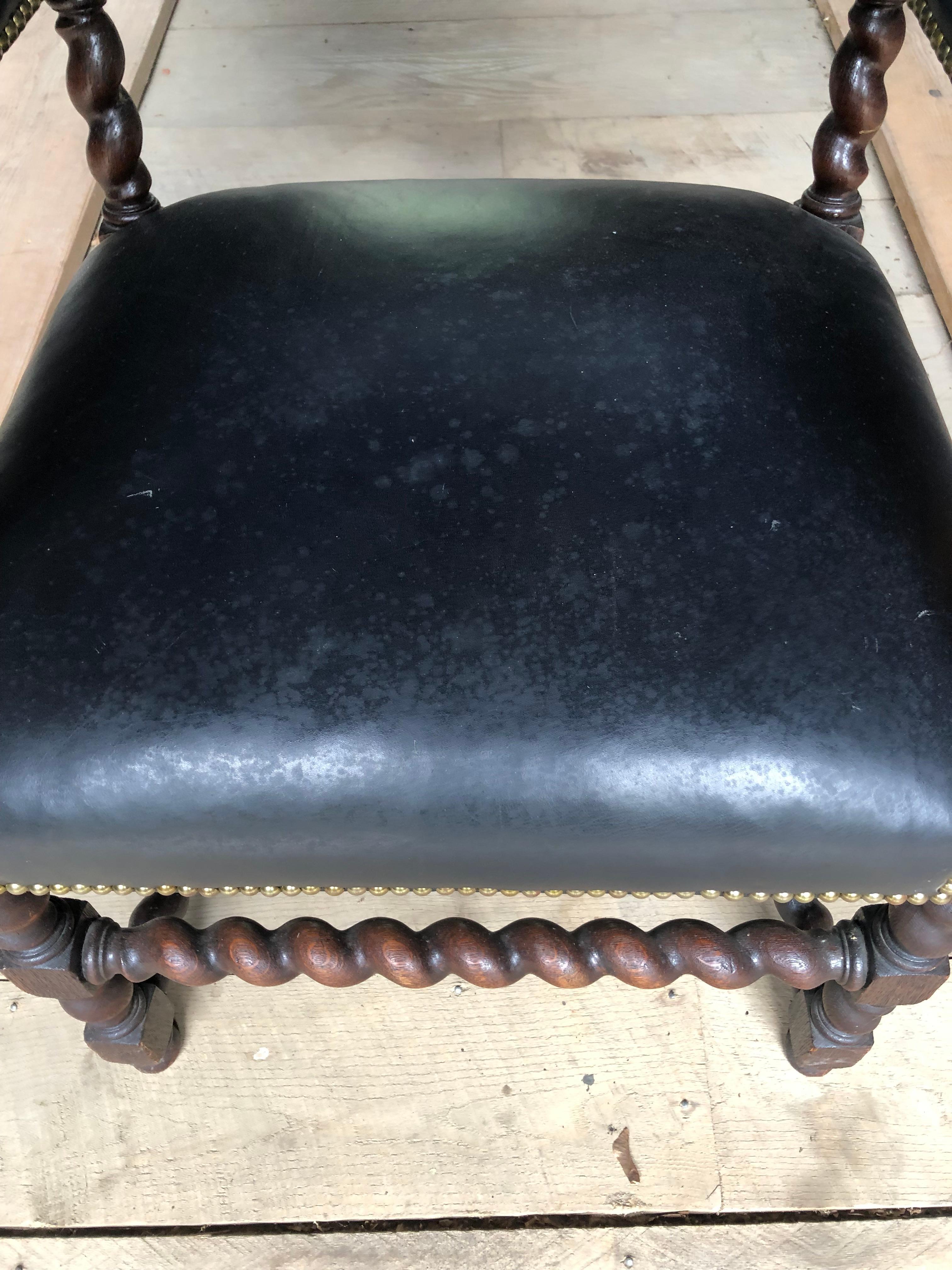 Antique Carved Walnut & Black Leatherette Barley Twist Armchair  In Good Condition For Sale In Hopewell, NJ