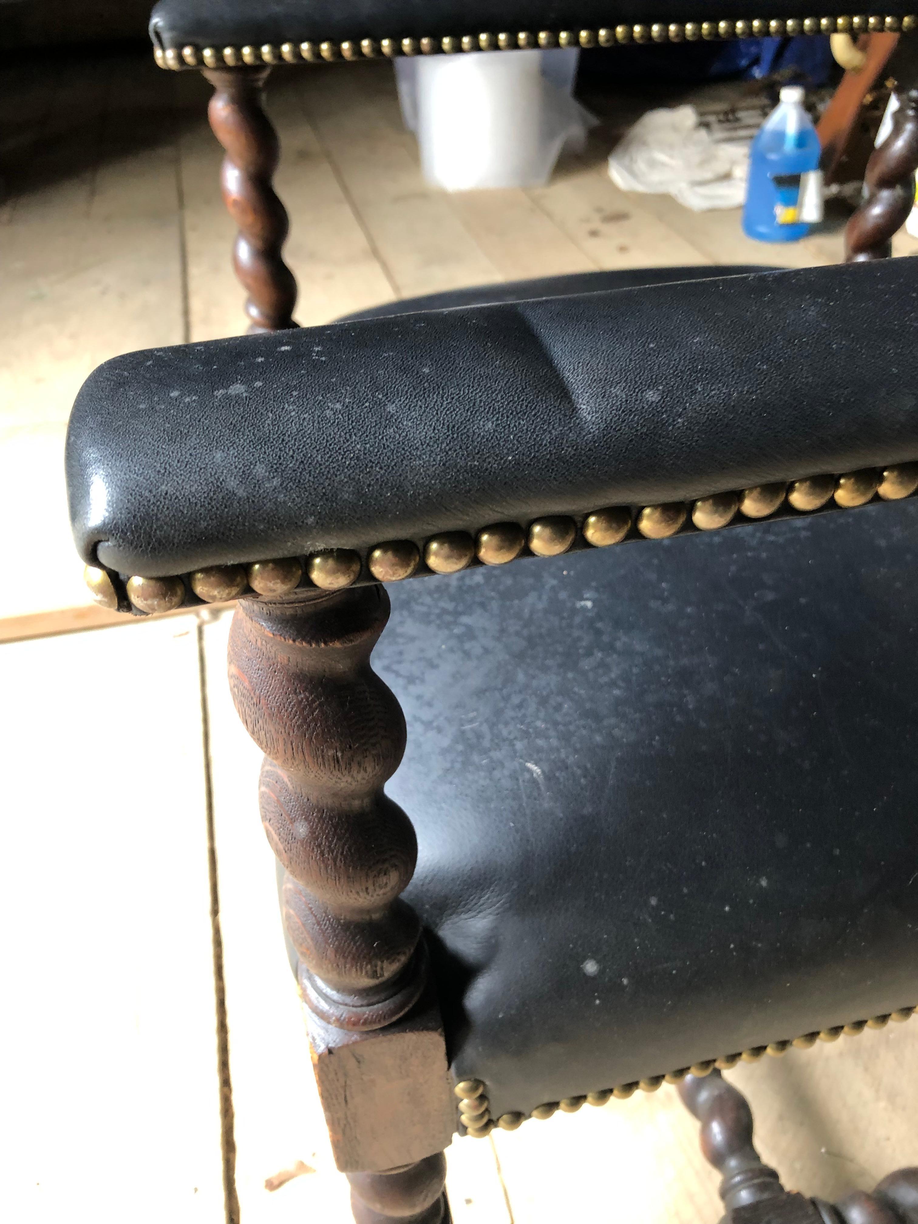 Mid-20th Century Antique Carved Walnut & Black Leatherette Barley Twist Armchair  For Sale