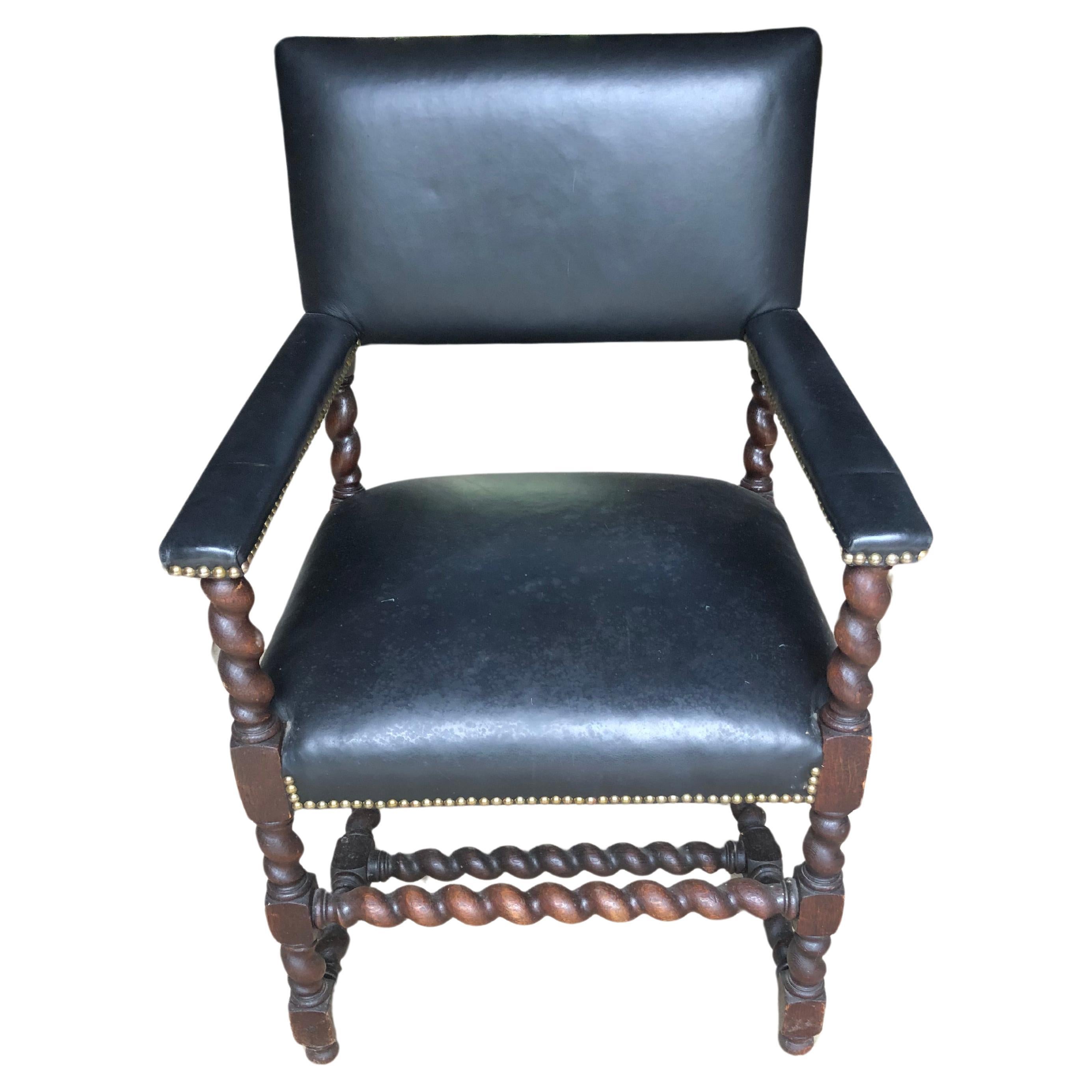 Antique Carved Walnut & Black Leatherette Barley Twist Armchair  For Sale