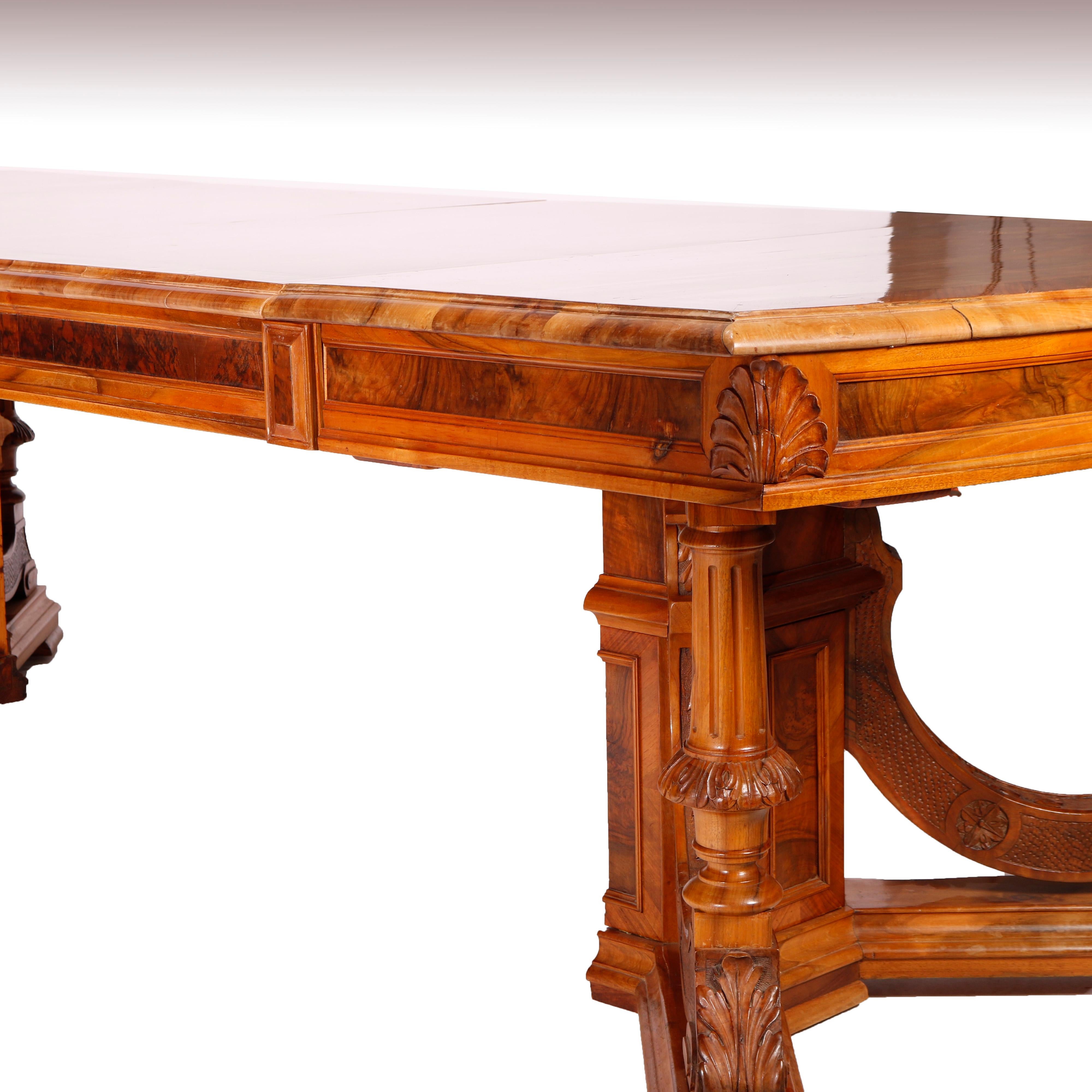 Antique Carved Walnut, Burl & Rosewood Dining or Conference Table & Two Leaves 9