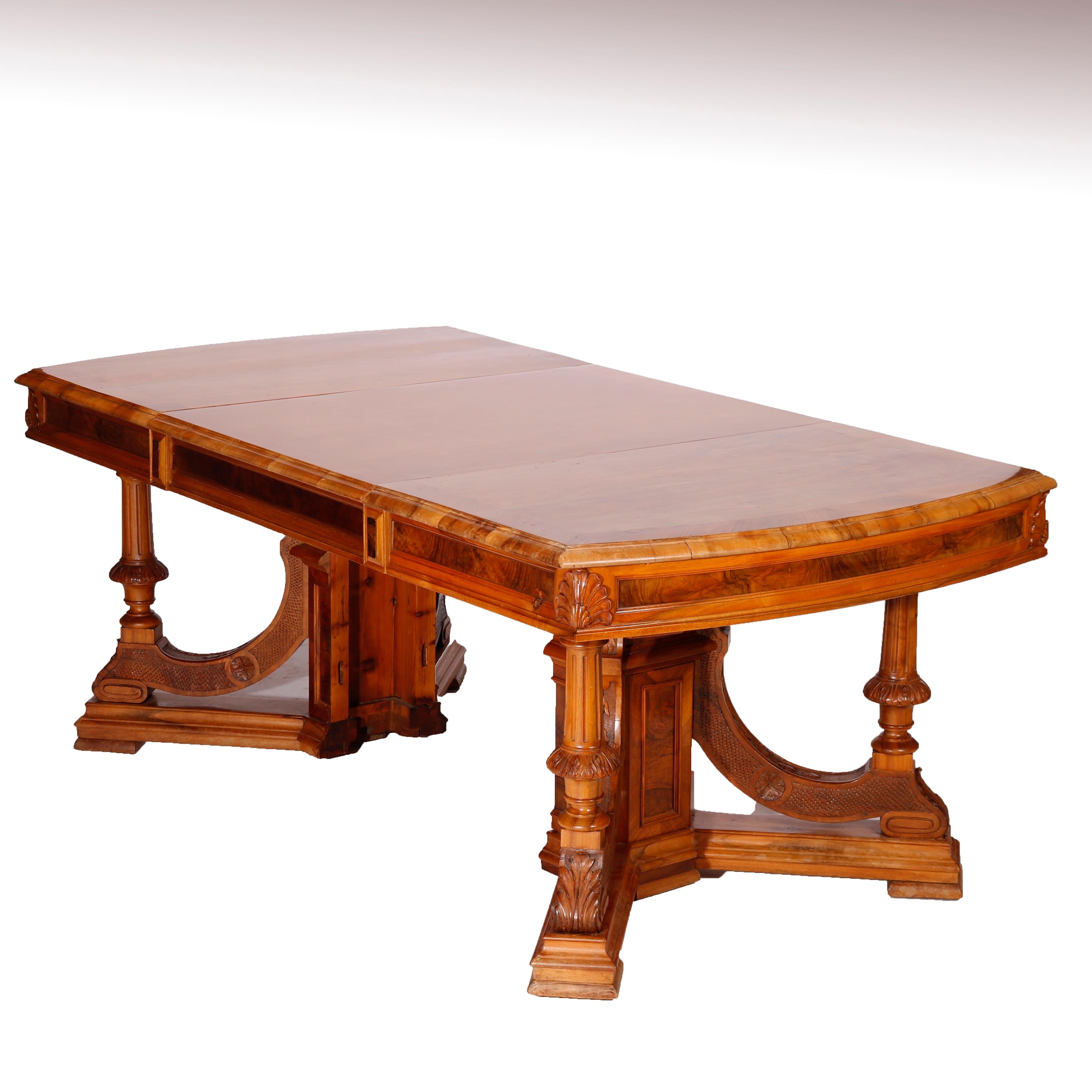 Antique Carved Walnut, Burl & Rosewood Dining or Conference Table & Two Leaves In Good Condition In Big Flats, NY