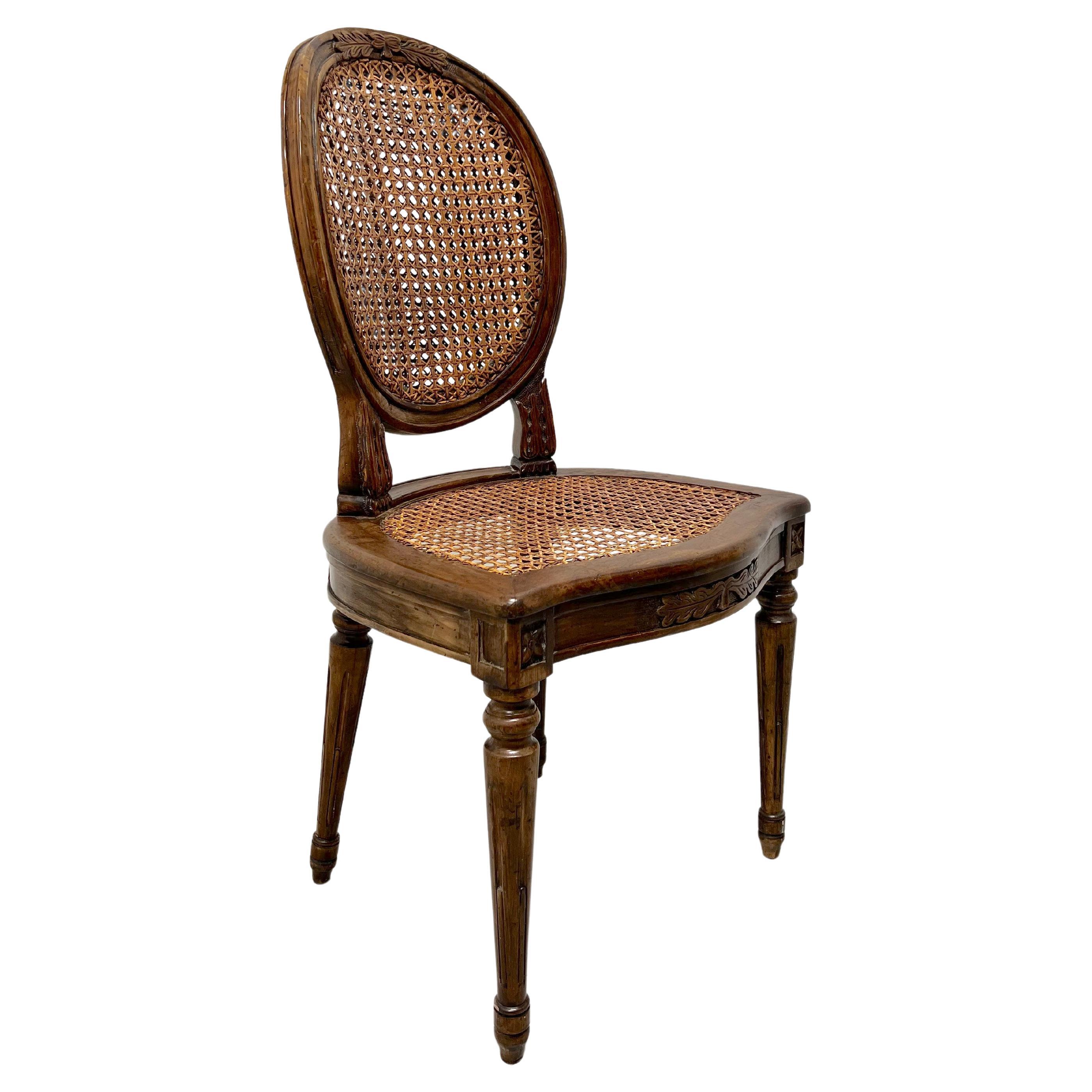 Antique Carved Walnut & Cane Italian Provincial Side Chair For Sale