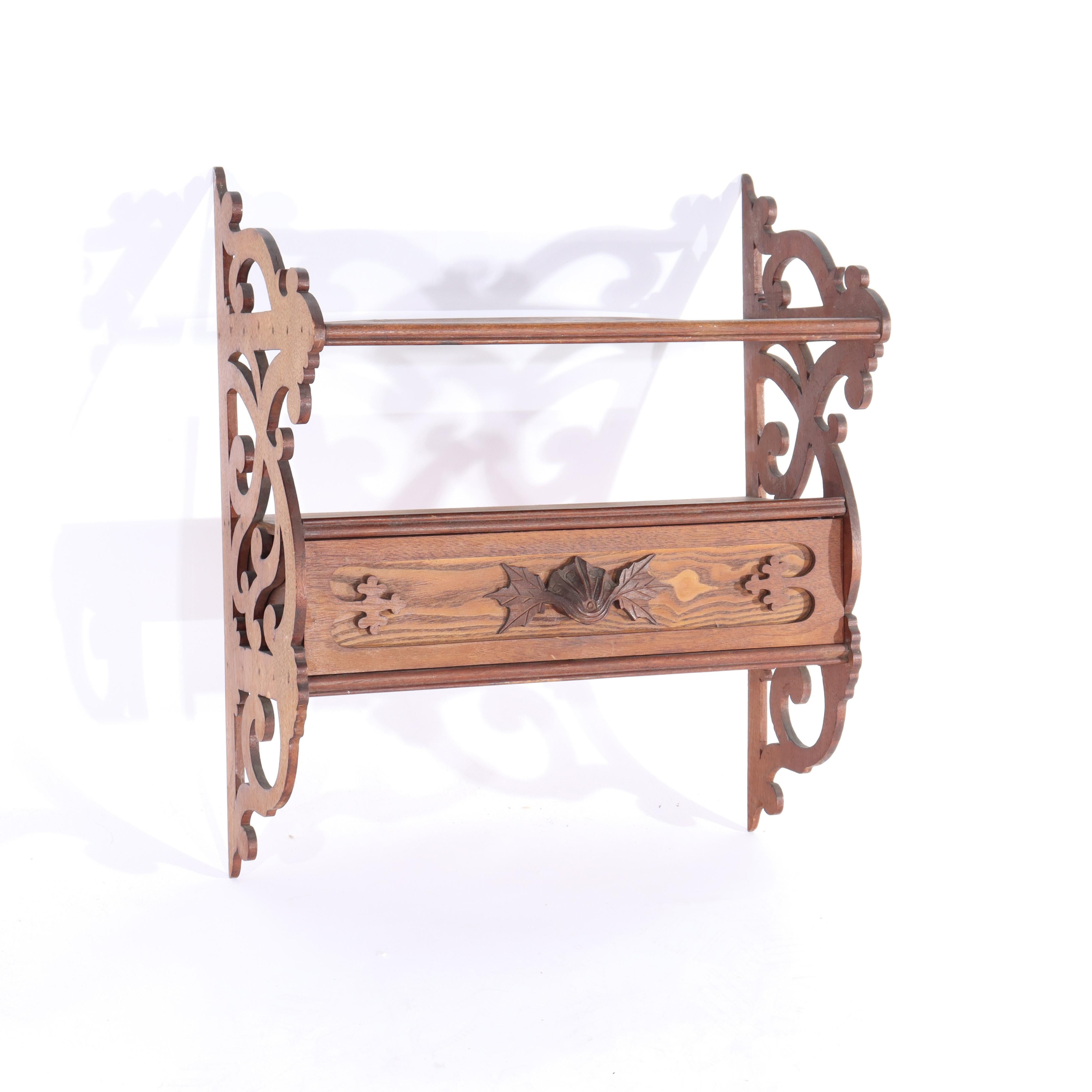 Antique Carved Walnut & Chestnut Hanging Shelf with Drawer Unsigned C1900 In Good Condition For Sale In Big Flats, NY