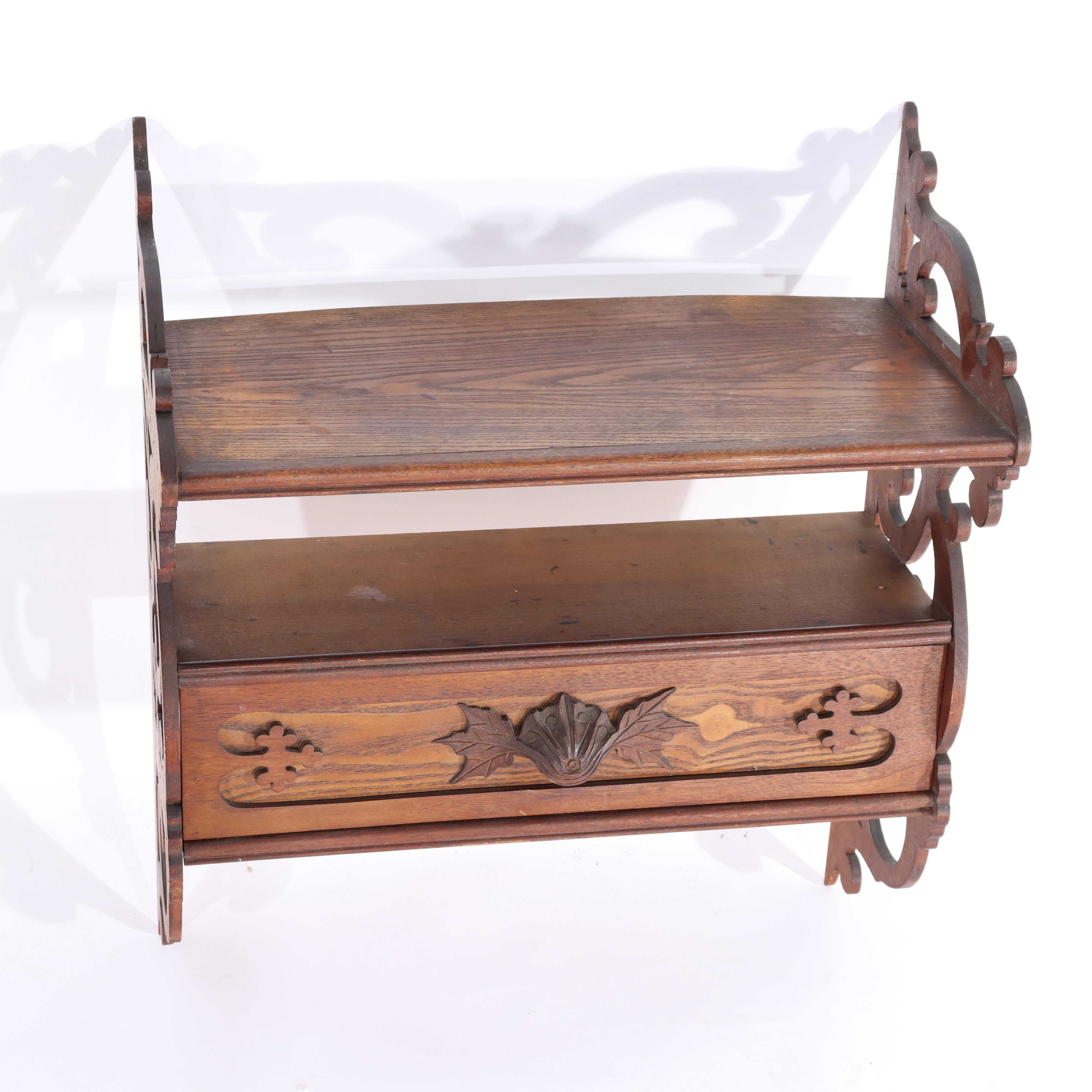 20th Century Antique Carved Walnut & Chestnut Hanging Shelf with Drawer Unsigned C1900 For Sale