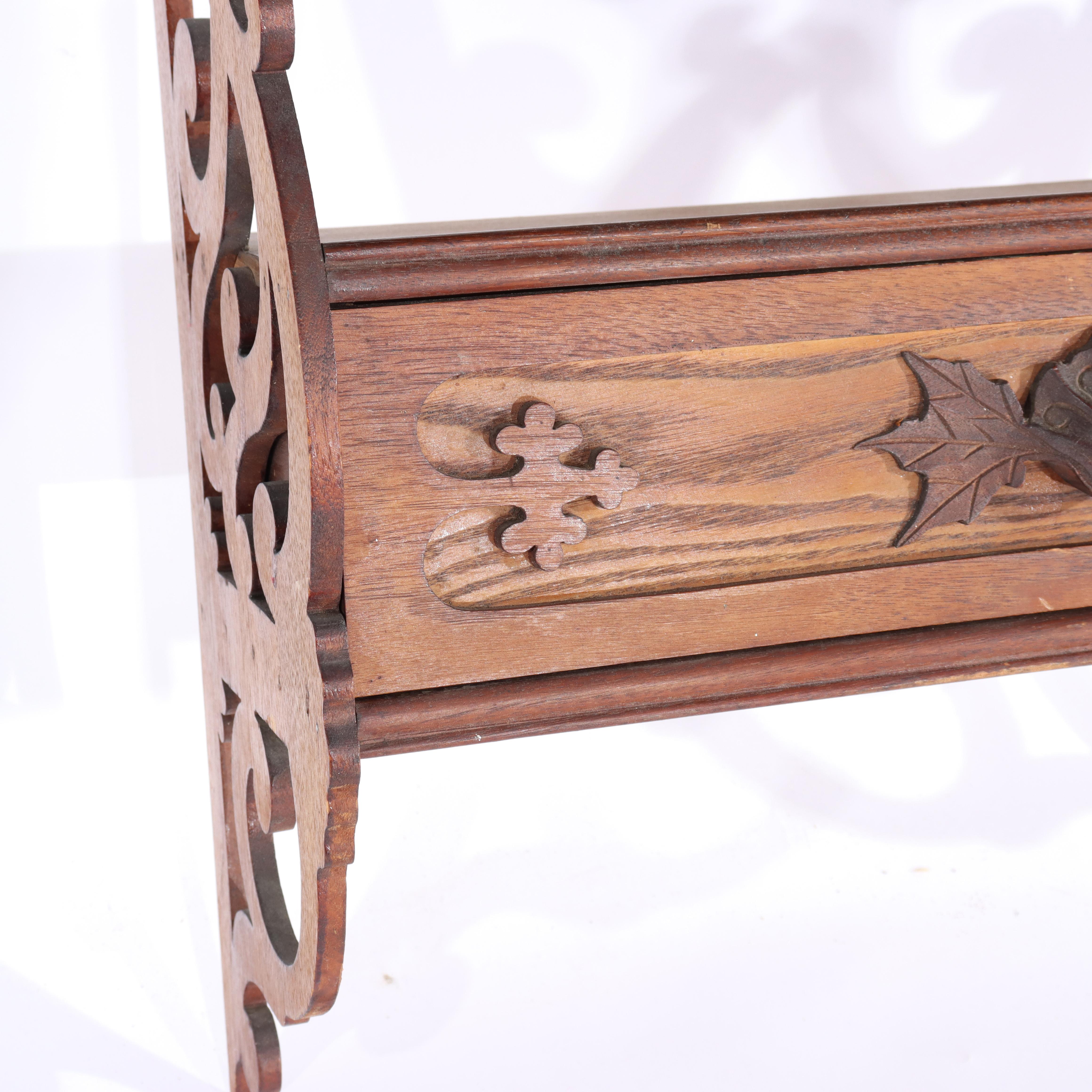 Antique Carved Walnut & Chestnut Hanging Shelf with Drawer Unsigned C1900 For Sale 1