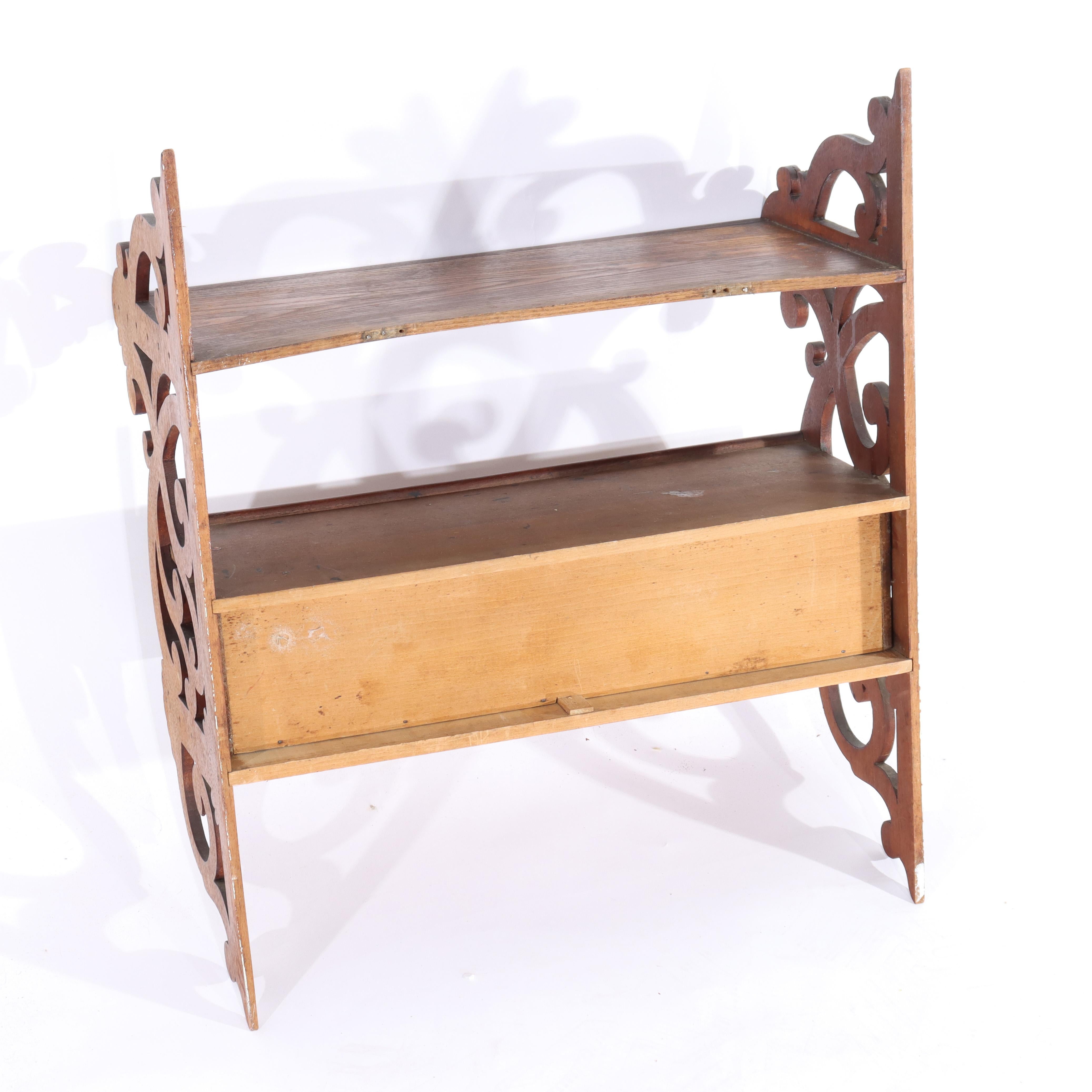 Antique Carved Walnut & Chestnut Hanging Shelf with Drawer Unsigned C1900 For Sale 3