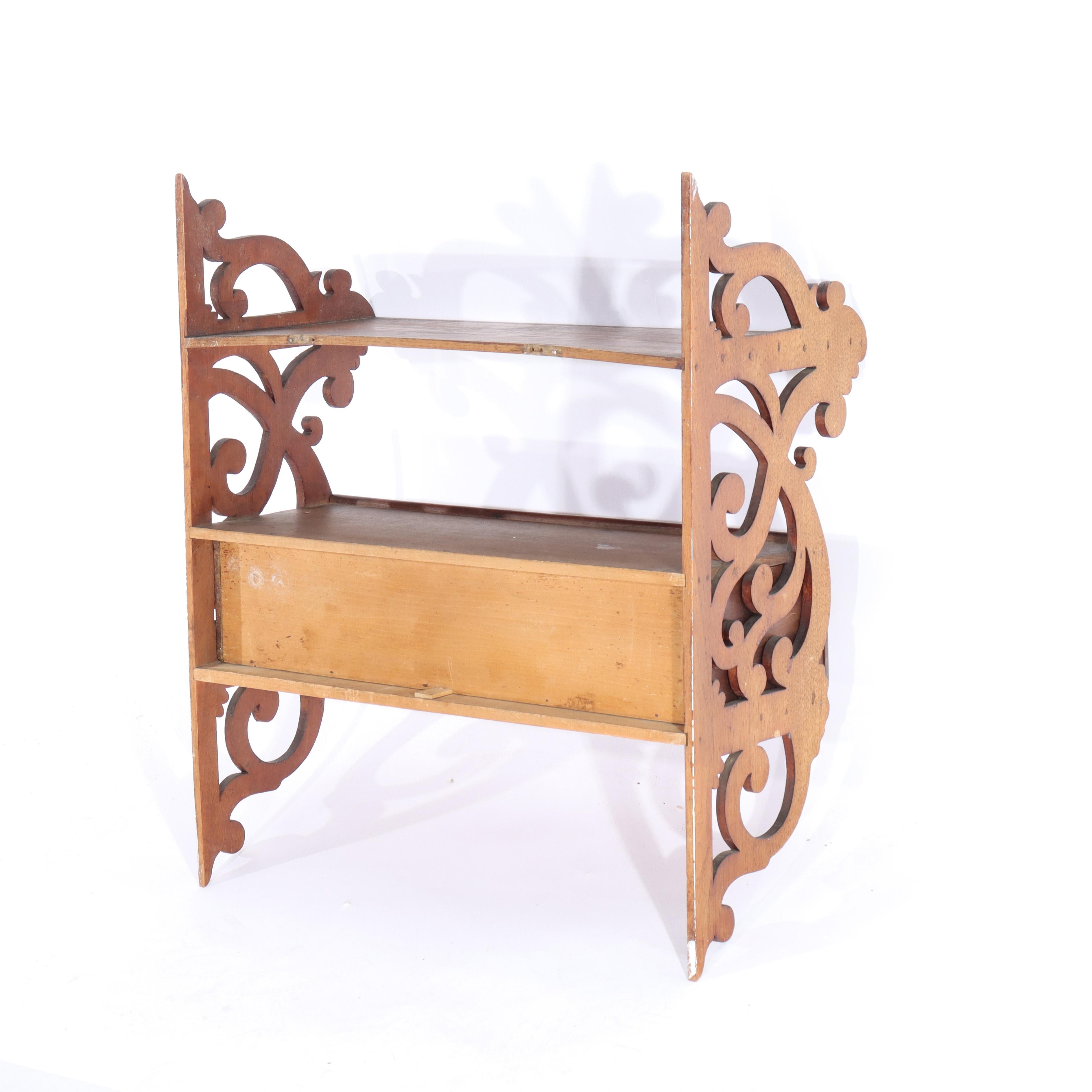 Antique Carved Walnut & Chestnut Hanging Shelf with Drawer Unsigned C1900 For Sale 4
