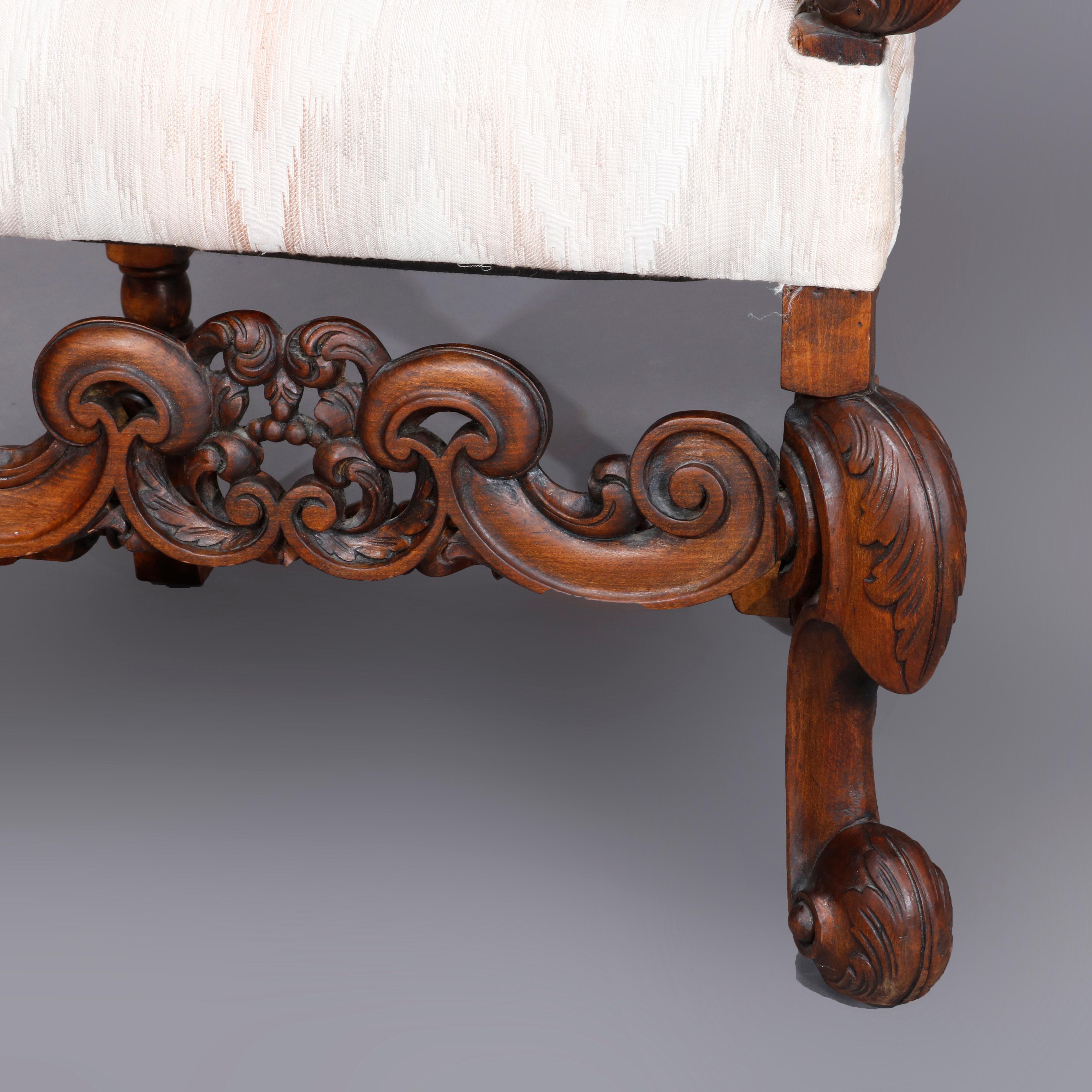 Carved Walnut Continental Baroque Upholstered Tall Fireside Chairs, circa 1910 3