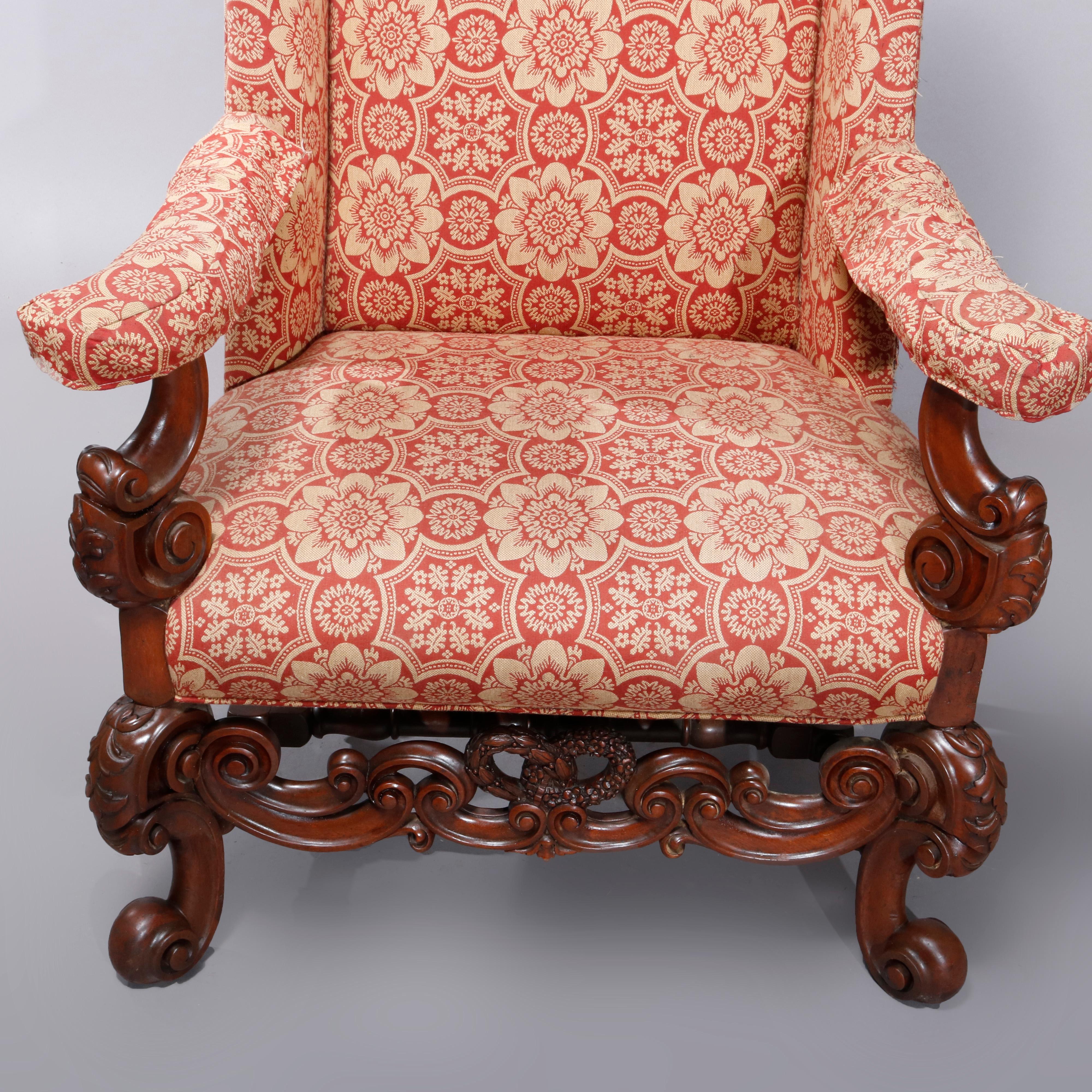 Antique Carved Walnut Continental Baroque Upholstered Tall Fireside Chairs 2