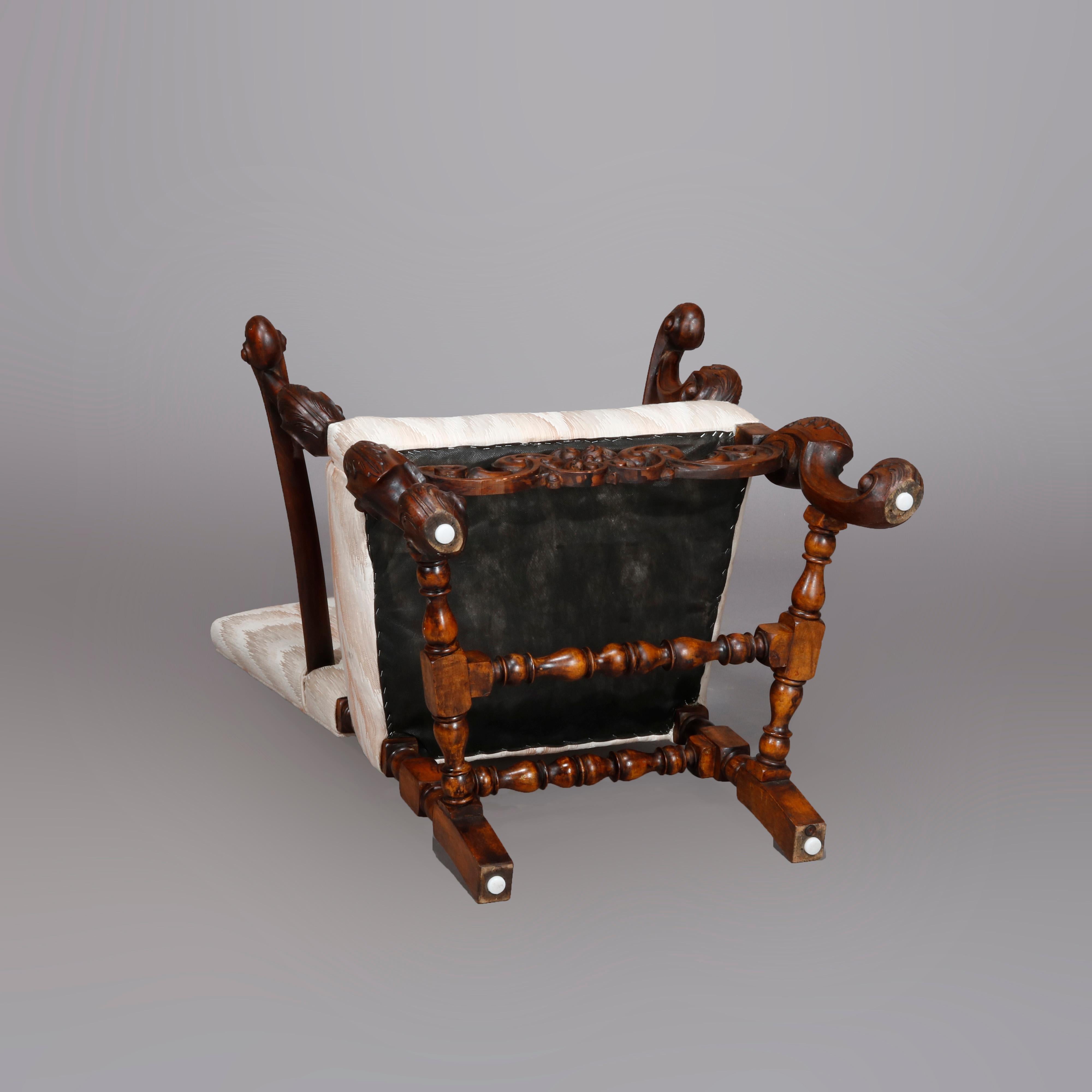 Carved Walnut Continental Baroque Upholstered Tall Fireside Chairs, circa 1910 4