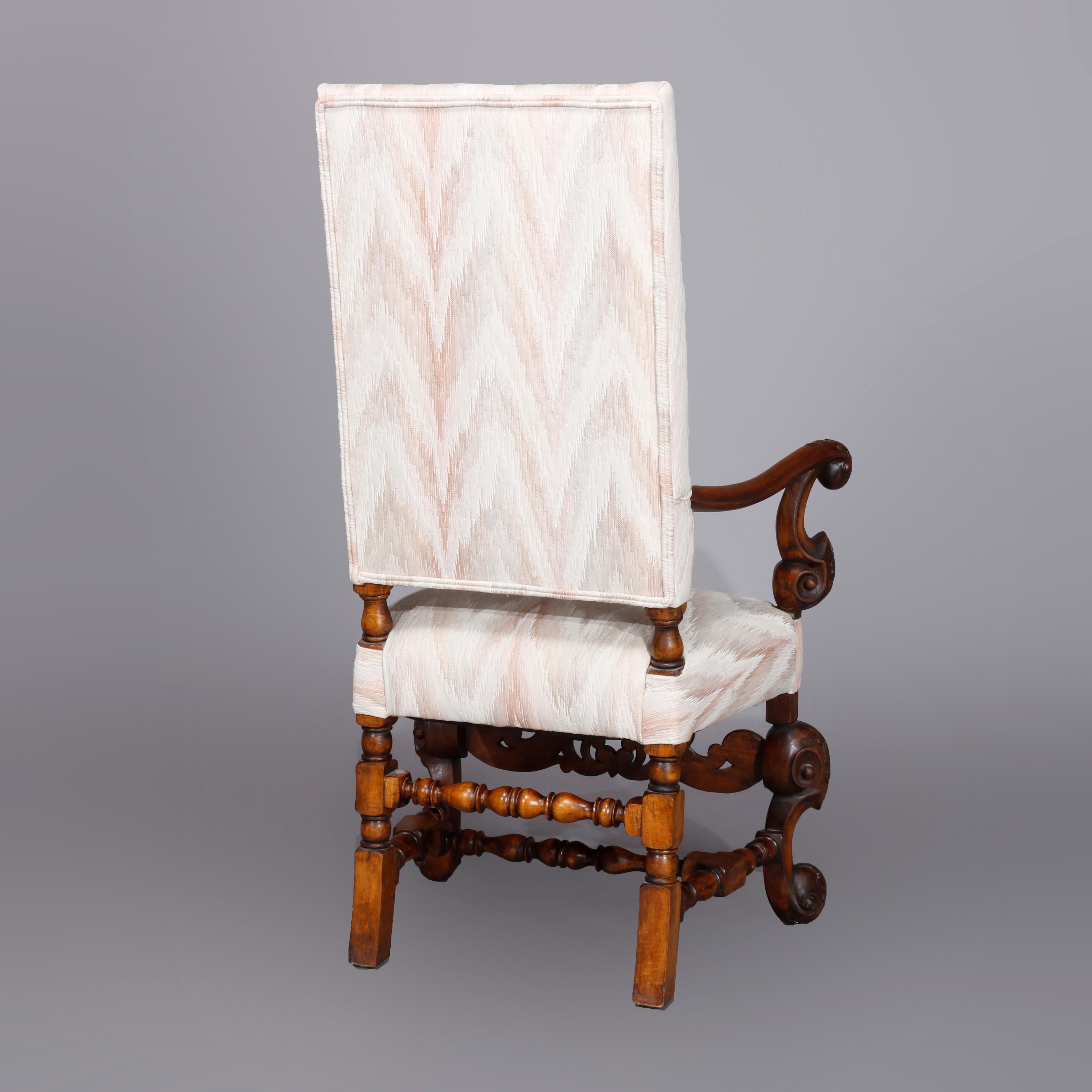 Baroque Revival Carved Walnut Continental Baroque Upholstered Tall Fireside Chairs, circa 1910