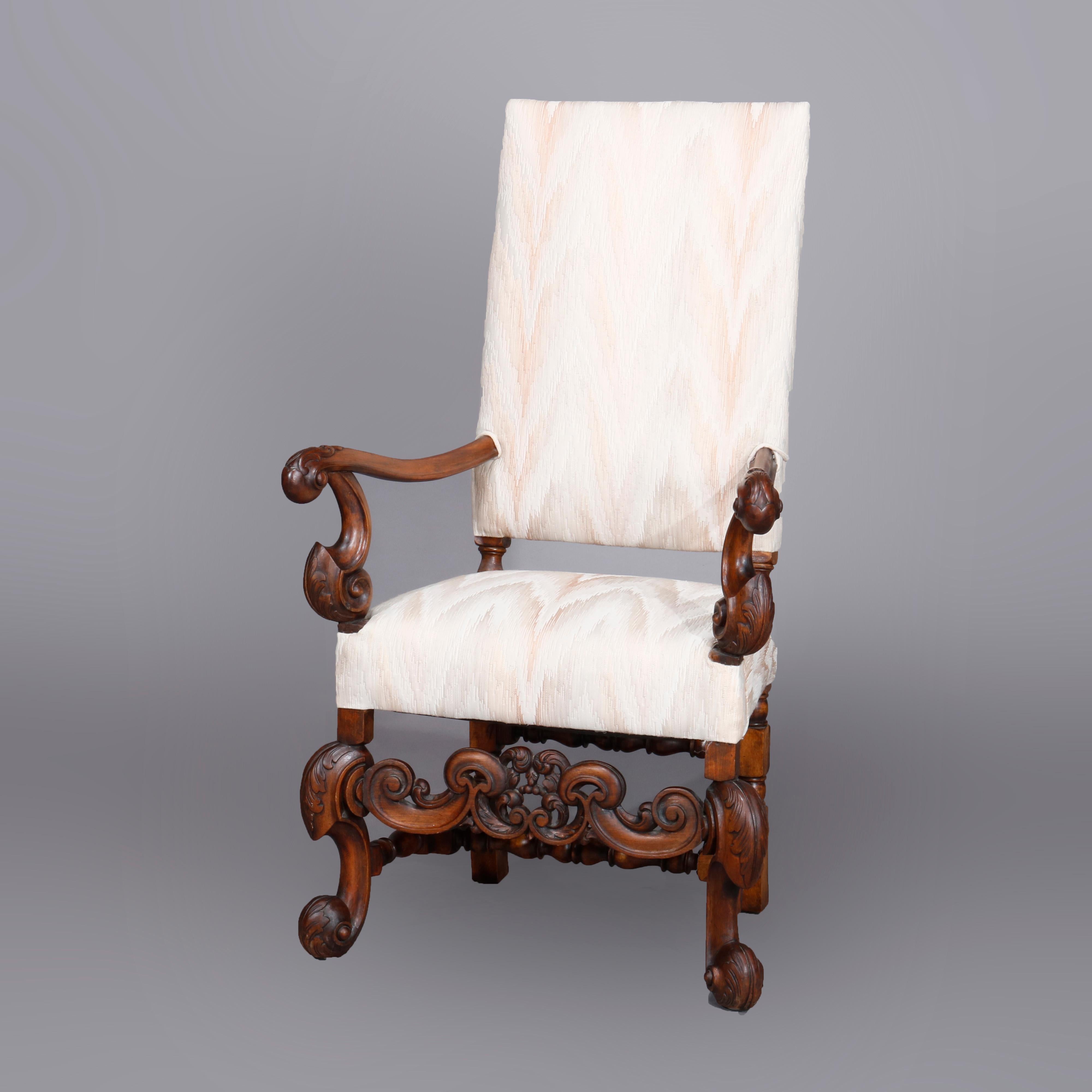 European Carved Walnut Continental Baroque Upholstered Tall Fireside Chairs, circa 1910