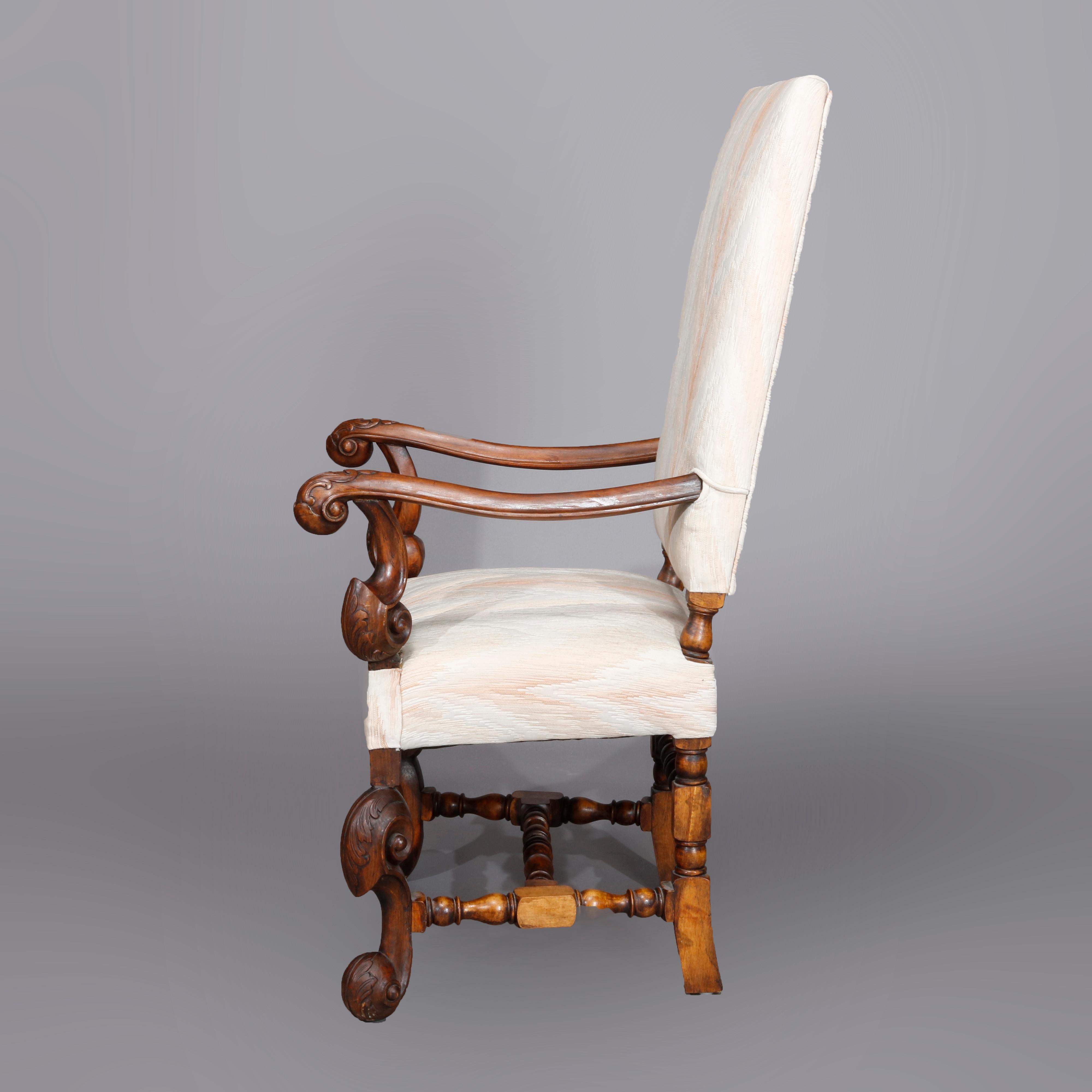 Carved Walnut Continental Baroque Upholstered Tall Fireside Chairs, circa 1910 In Good Condition In Big Flats, NY