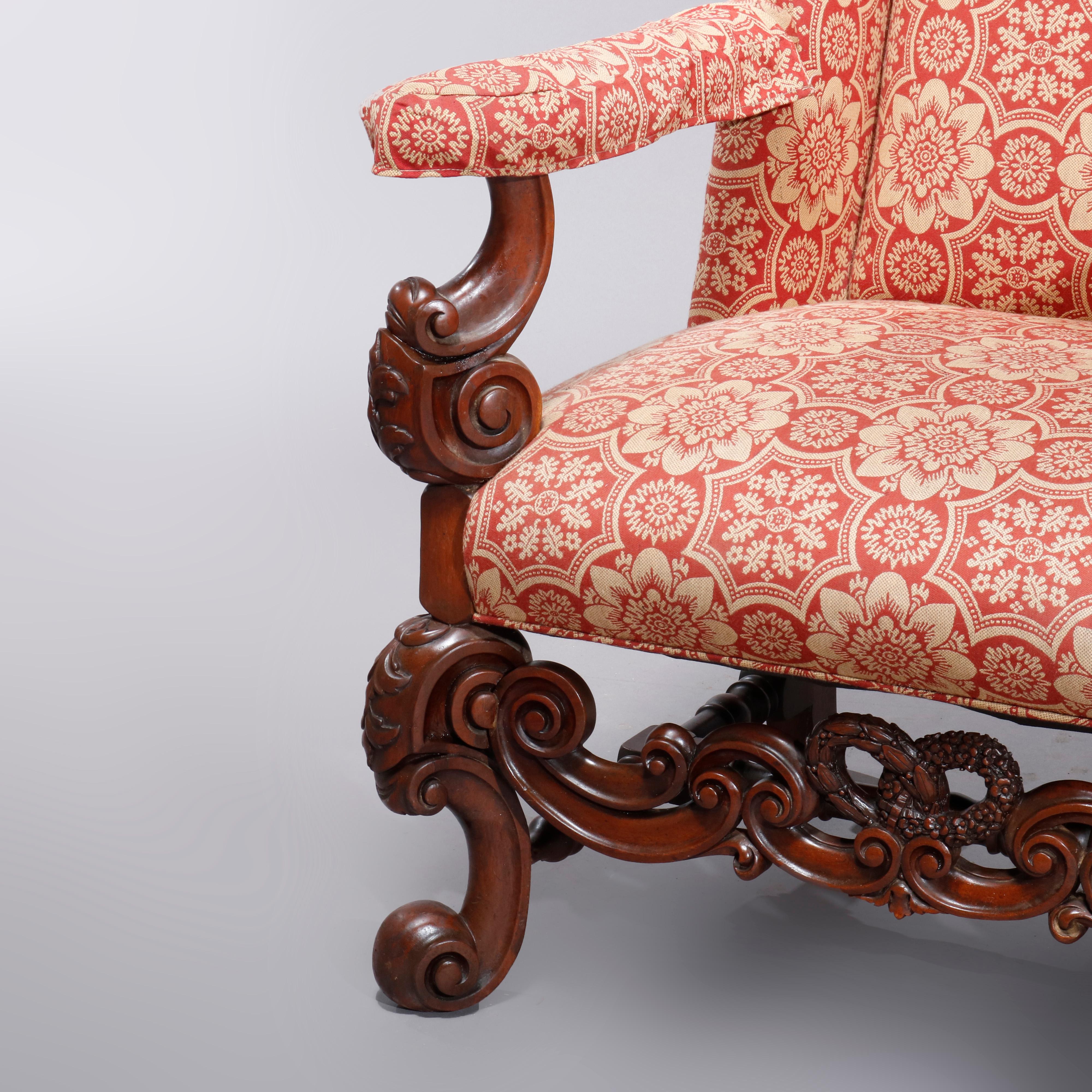 Antique Carved Walnut Continental Baroque Upholstered Tall Fireside Chairs In Good Condition In Big Flats, NY