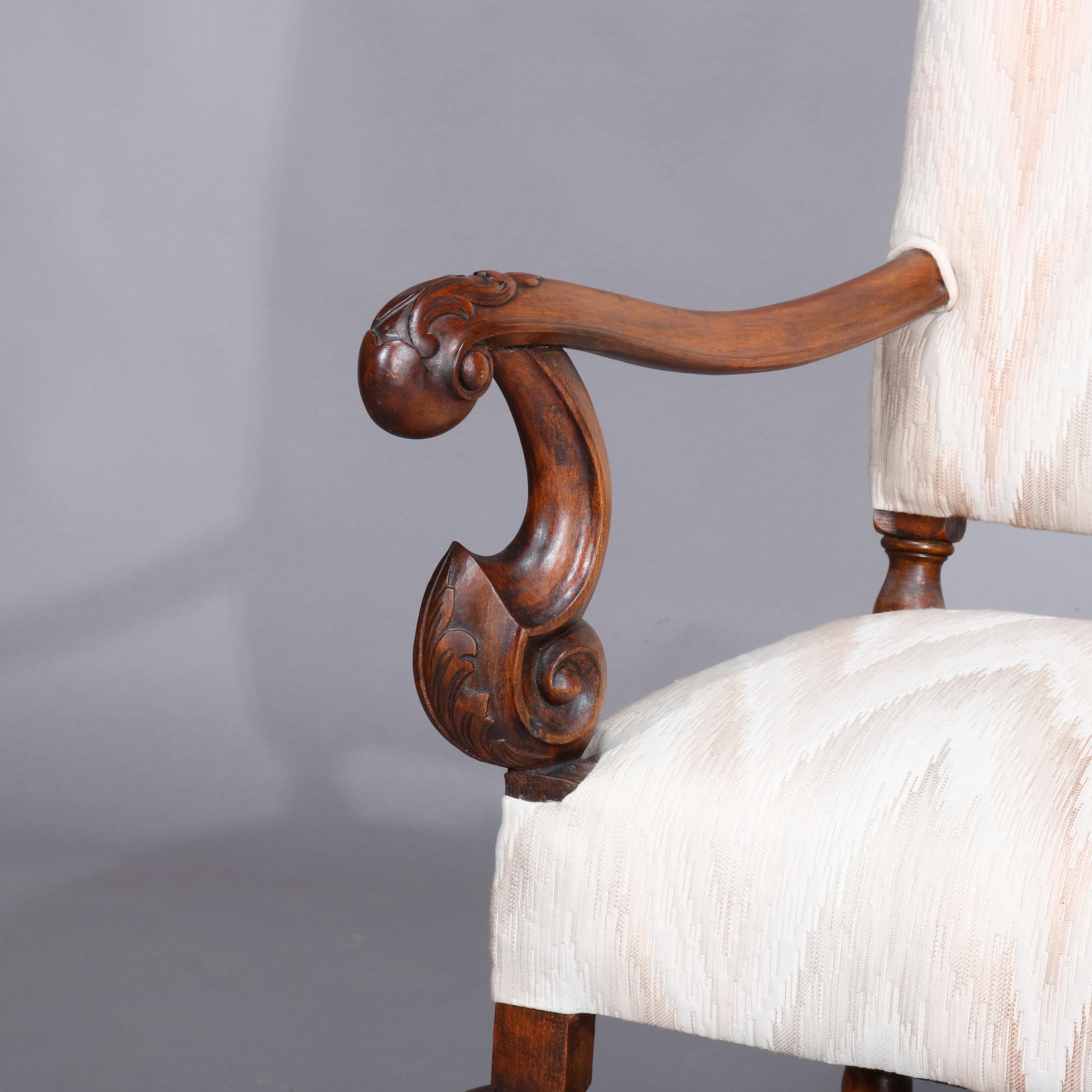 Upholstery Carved Walnut Continental Baroque Upholstered Tall Fireside Chairs, circa 1910