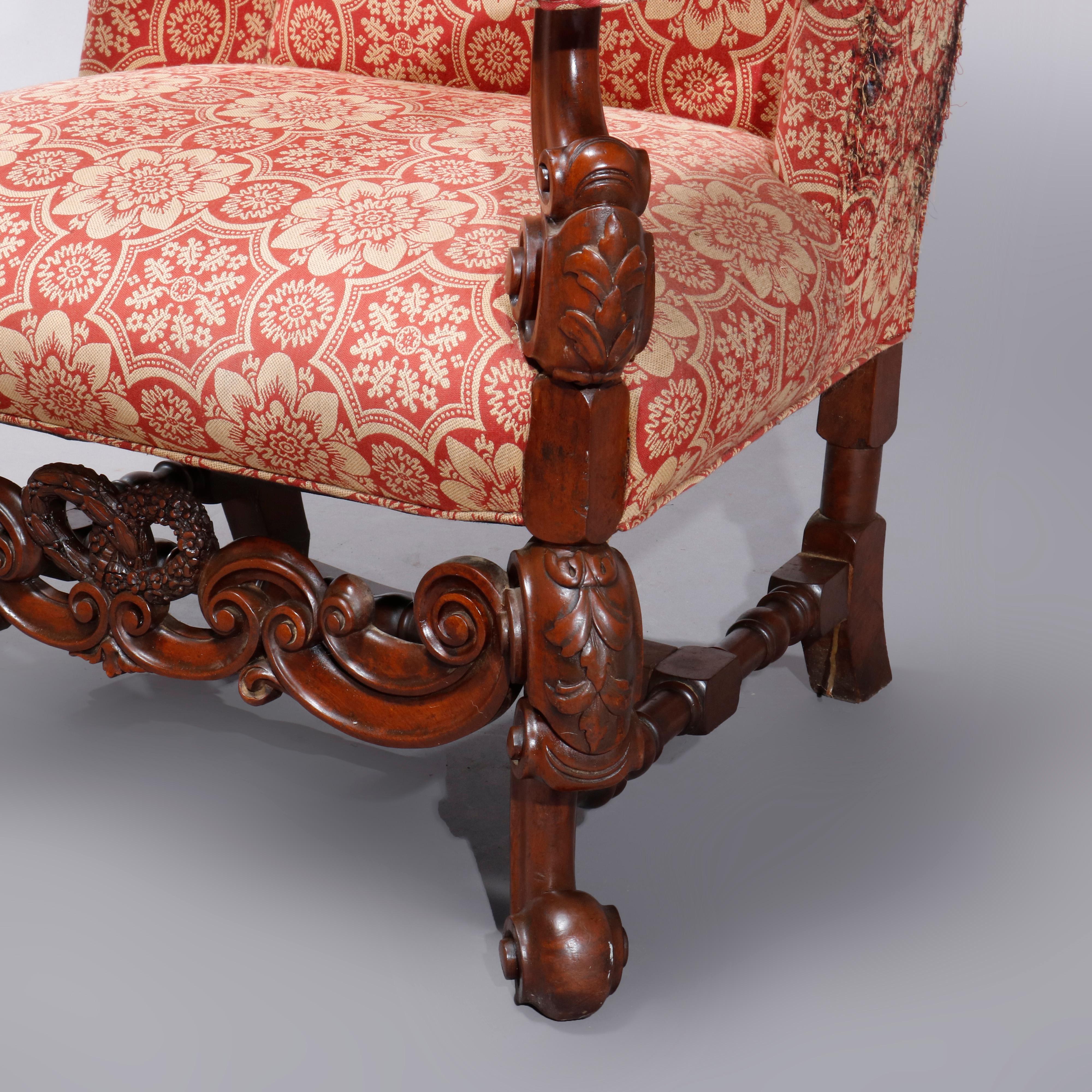 19th Century Antique Carved Walnut Continental Baroque Upholstered Tall Fireside Chairs
