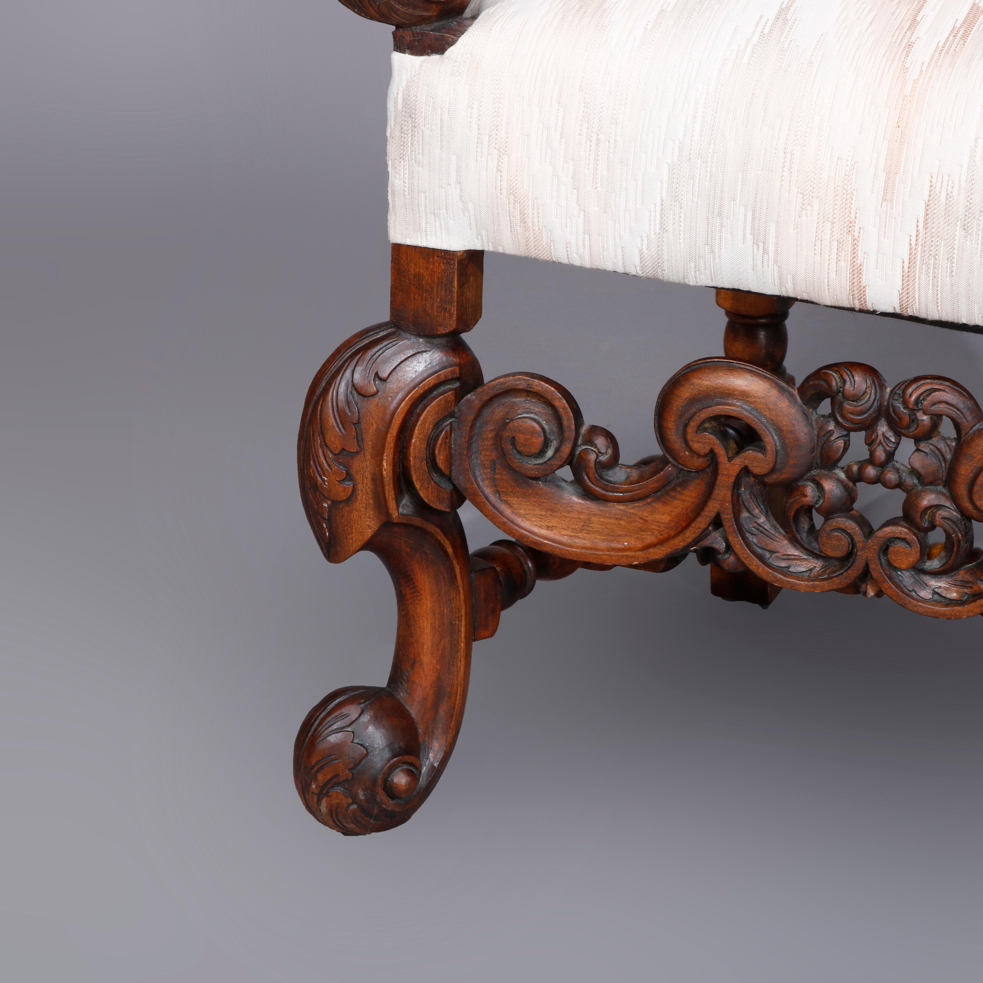 Carved Walnut Continental Baroque Upholstered Tall Fireside Chairs, circa 1910 2