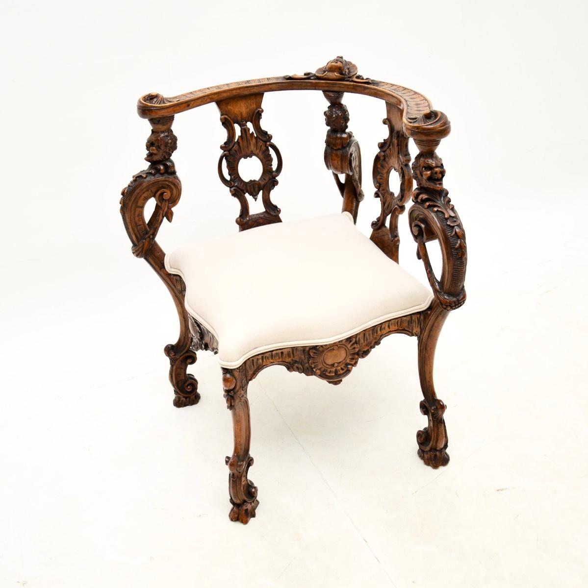 George III Antique Carved Walnut Corner Chair For Sale