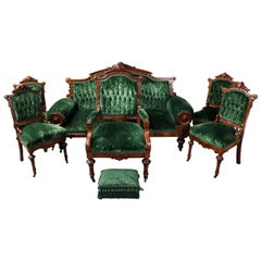 Antique Carved Walnut Eastlake Six-Piece Parlor Set with Velvet Upholstery