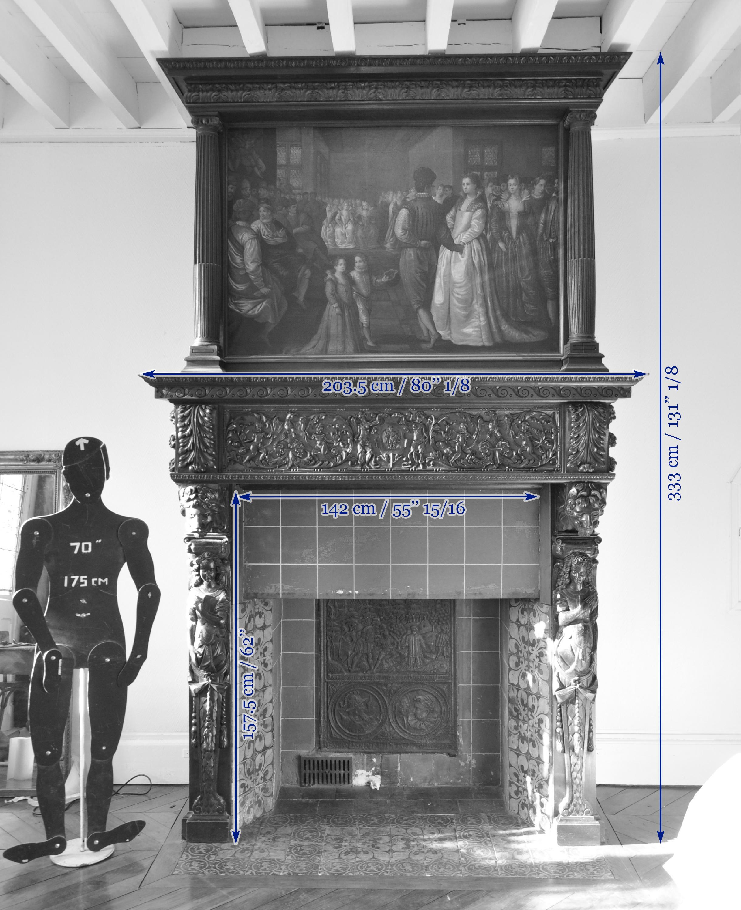 Chimenea antigua de nogal tallado con pintura del siglo XVII en venta 10