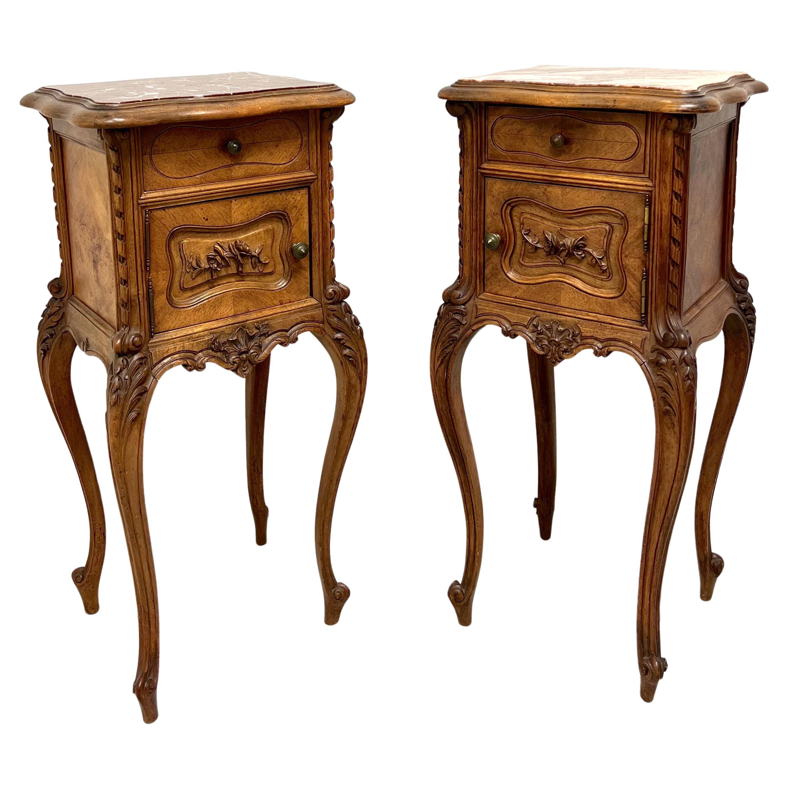Antique Carved Chestnut French Country Louis XV Commodes / Nightstands - Pair