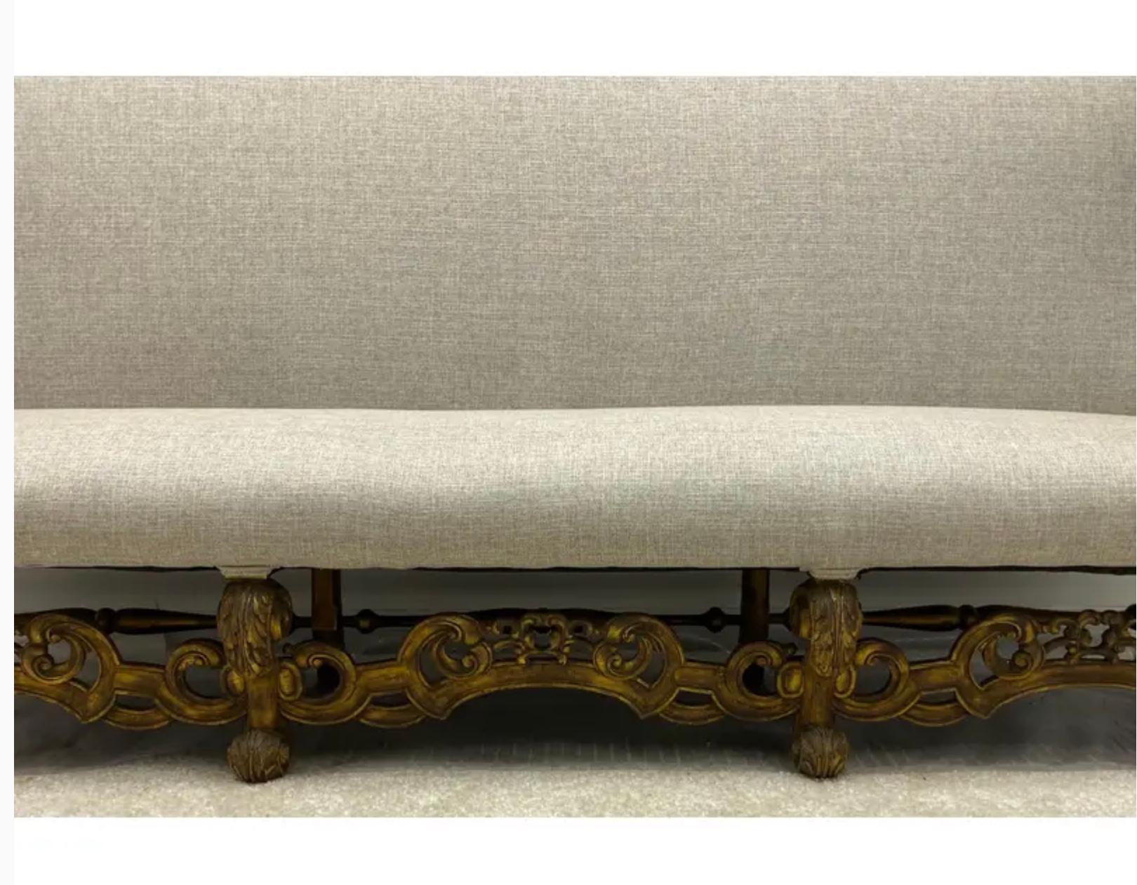 Upholstery Antique Carved Walnut French Sofa in Linen