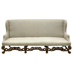 Antique Carved Walnut French Sofa in Linen