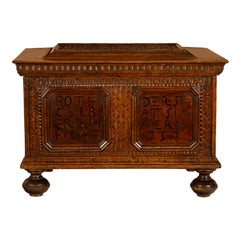 Antique Carved Walnut & Iron Coffer Chest Strong Guild Box Simmern Germany 1737