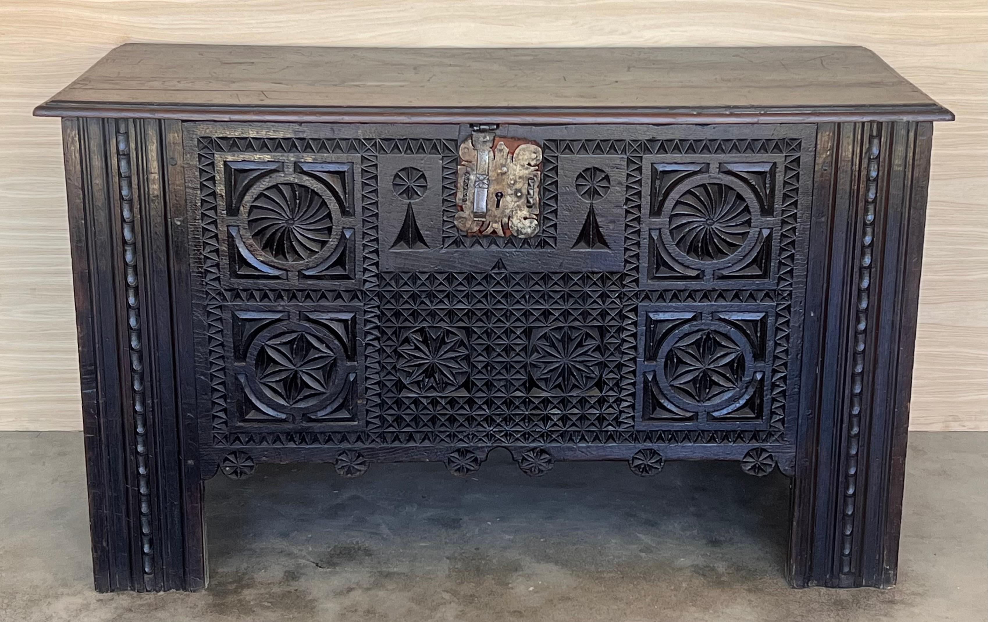 Originating from the autonomous region between France and Spain known as the Basque Country, this oak kutxa trunk was hand-carved in the late 1700s. In the Basque language, kutxa translates to “box”, which is an apt description for this very large,