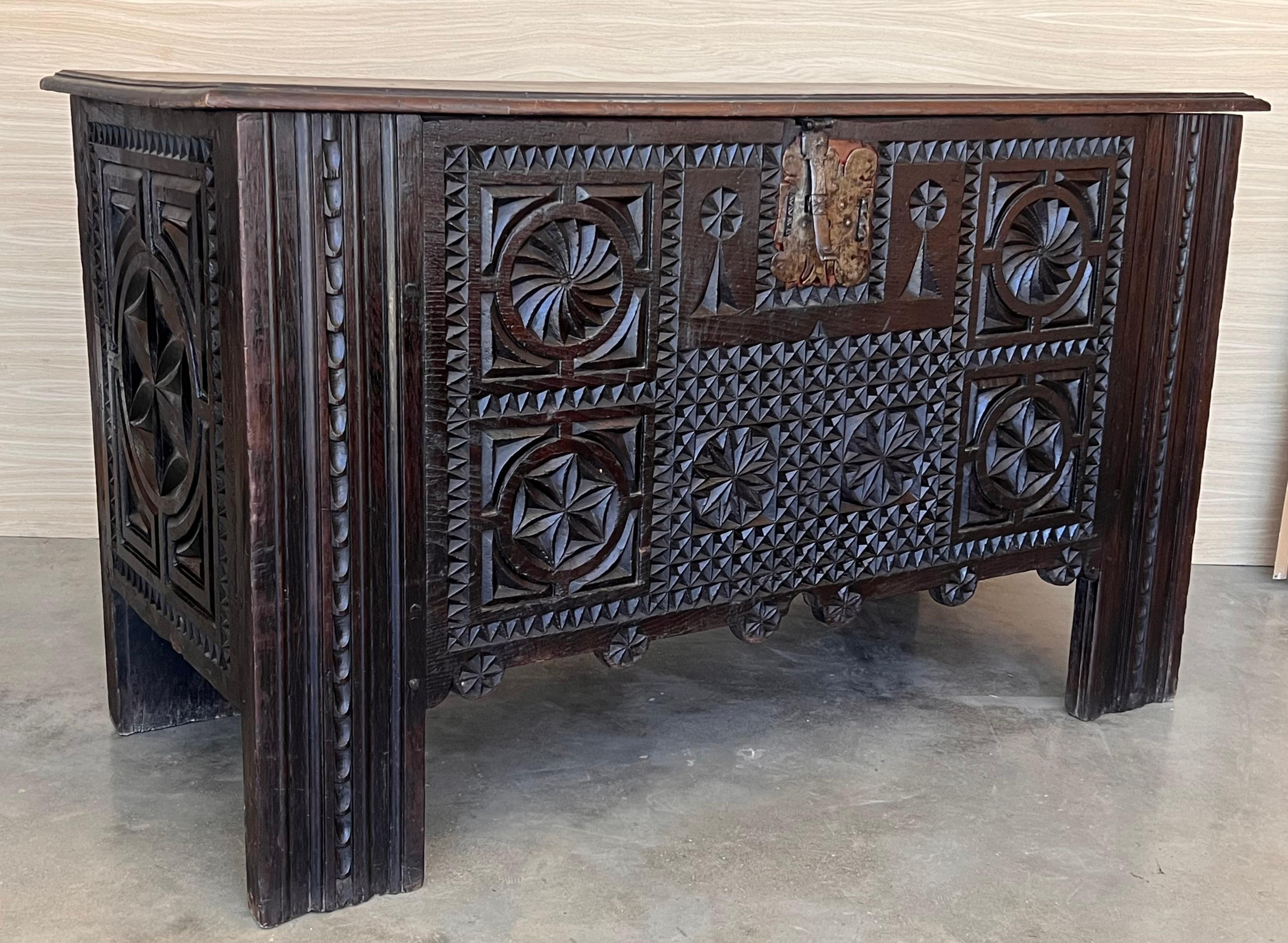 19th Century Antique Carved Walnut Large Kutxa Trunk from the Basque Country, Early 1800s For Sale
