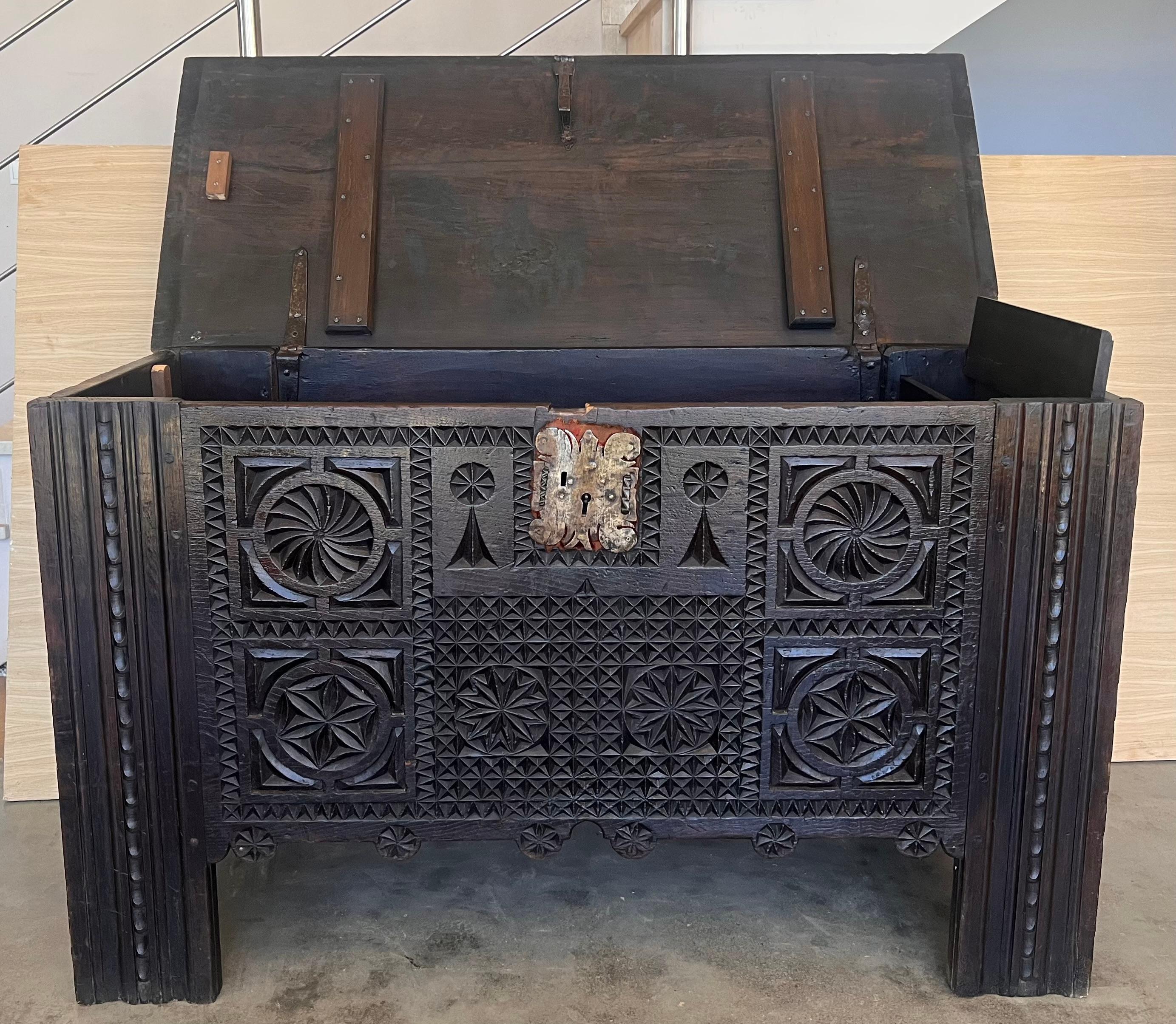 Iron Antique Carved Walnut Large Kutxa Trunk from the Basque Country, Early 1800s For Sale