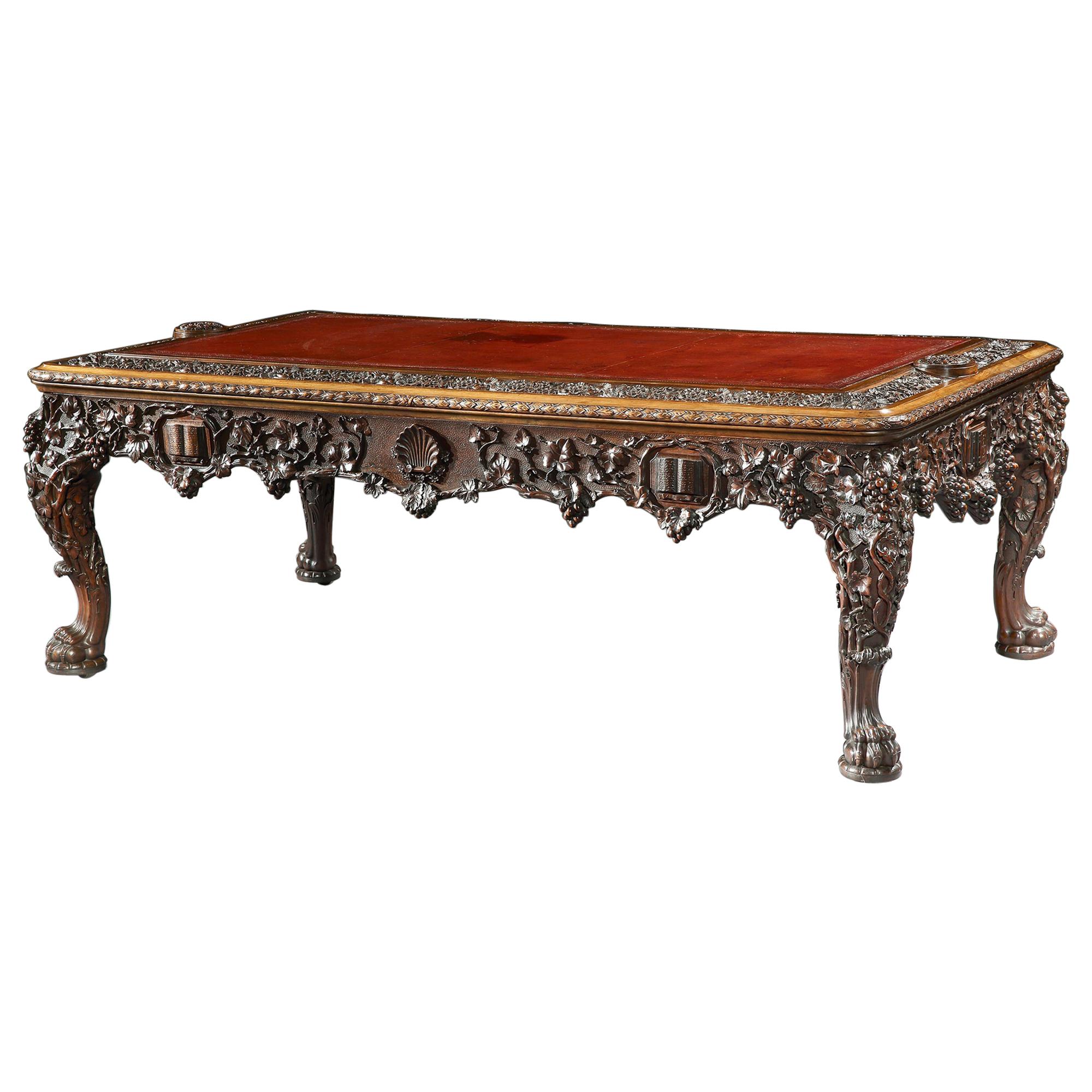 Antique Carved Walnut Library Table of Large Proportions