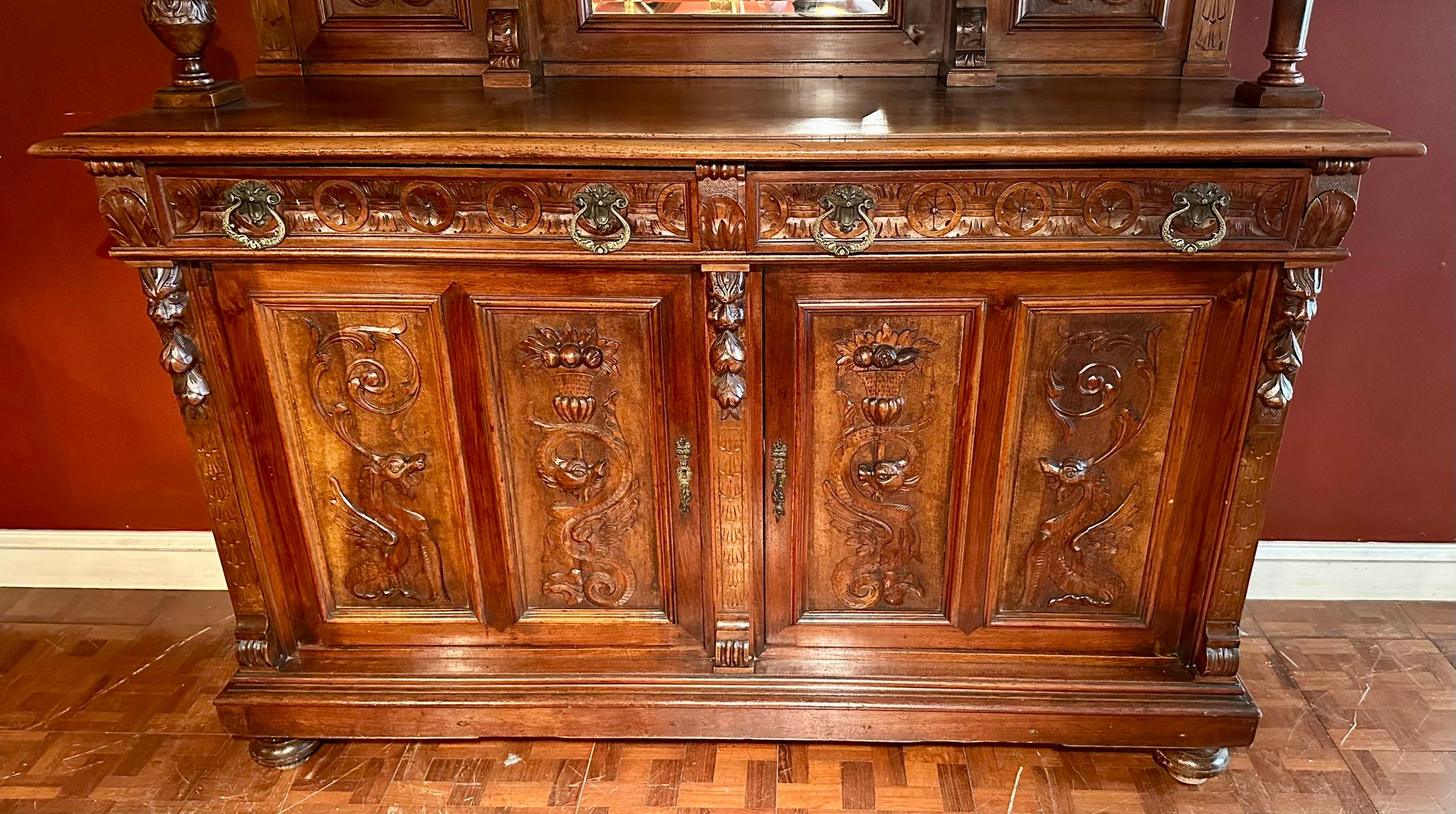Antique Carved Walnut Renaissance Style Cabinet Sideboard, Circa 1870-1880. For Sale 2