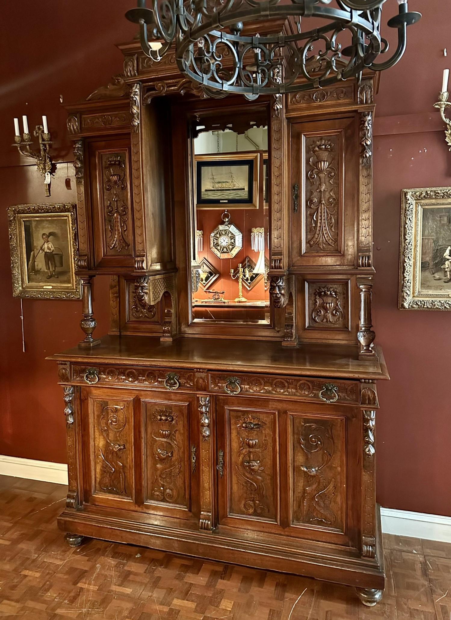 Antique Carved Walnut Renaissance Style Cabinet Sideboard, Circa 1870-1880. For Sale 3