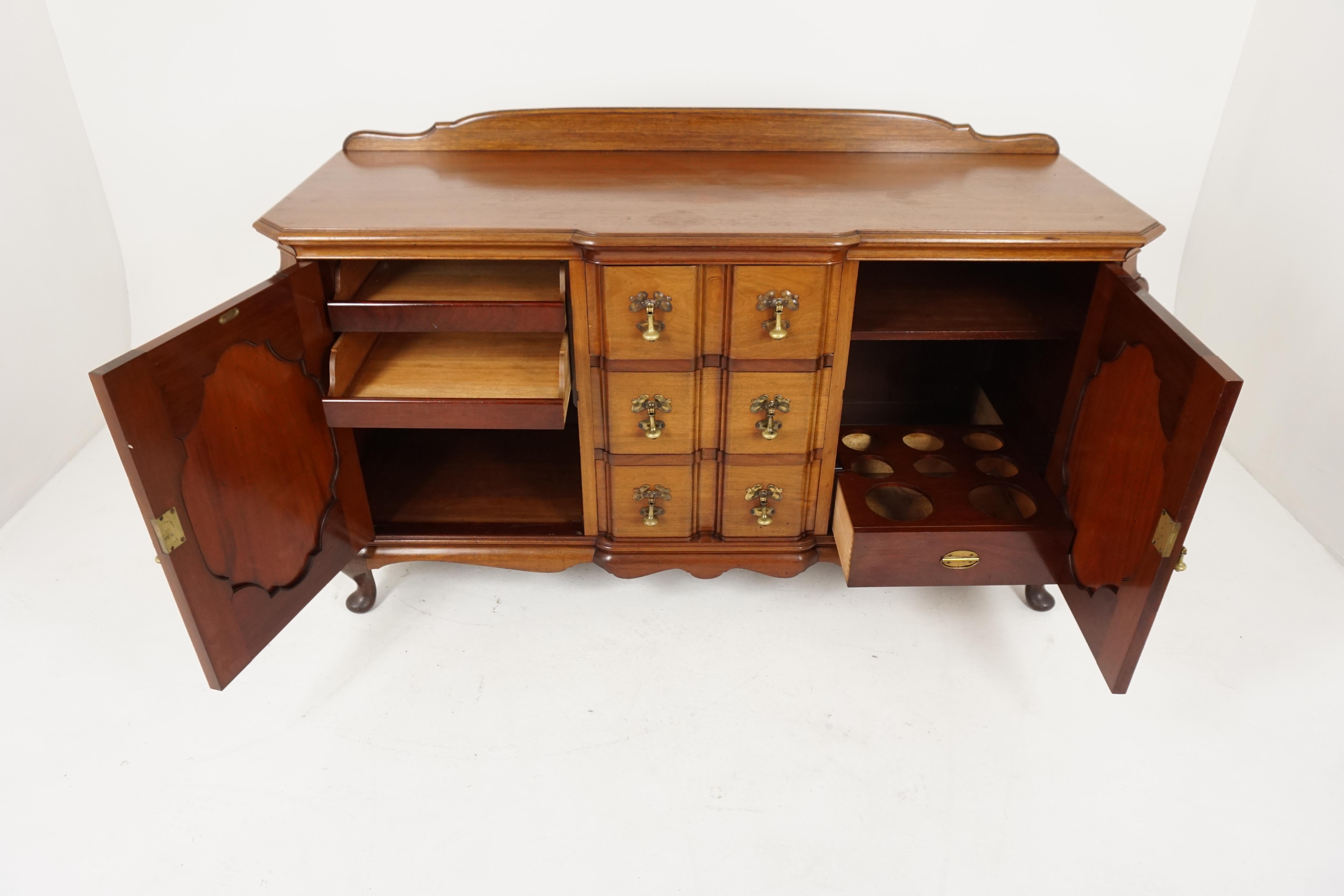 Antique walnut sideboard, carved buffet or chiffonier, by James Laird & Son in Glasgow, antique furniture, Scotland, 1920, H073

Scotland, 1920
Solid walnut
Original finish
Pediment to the back
Moulded top
Three drawers below
Flanked by a pair of