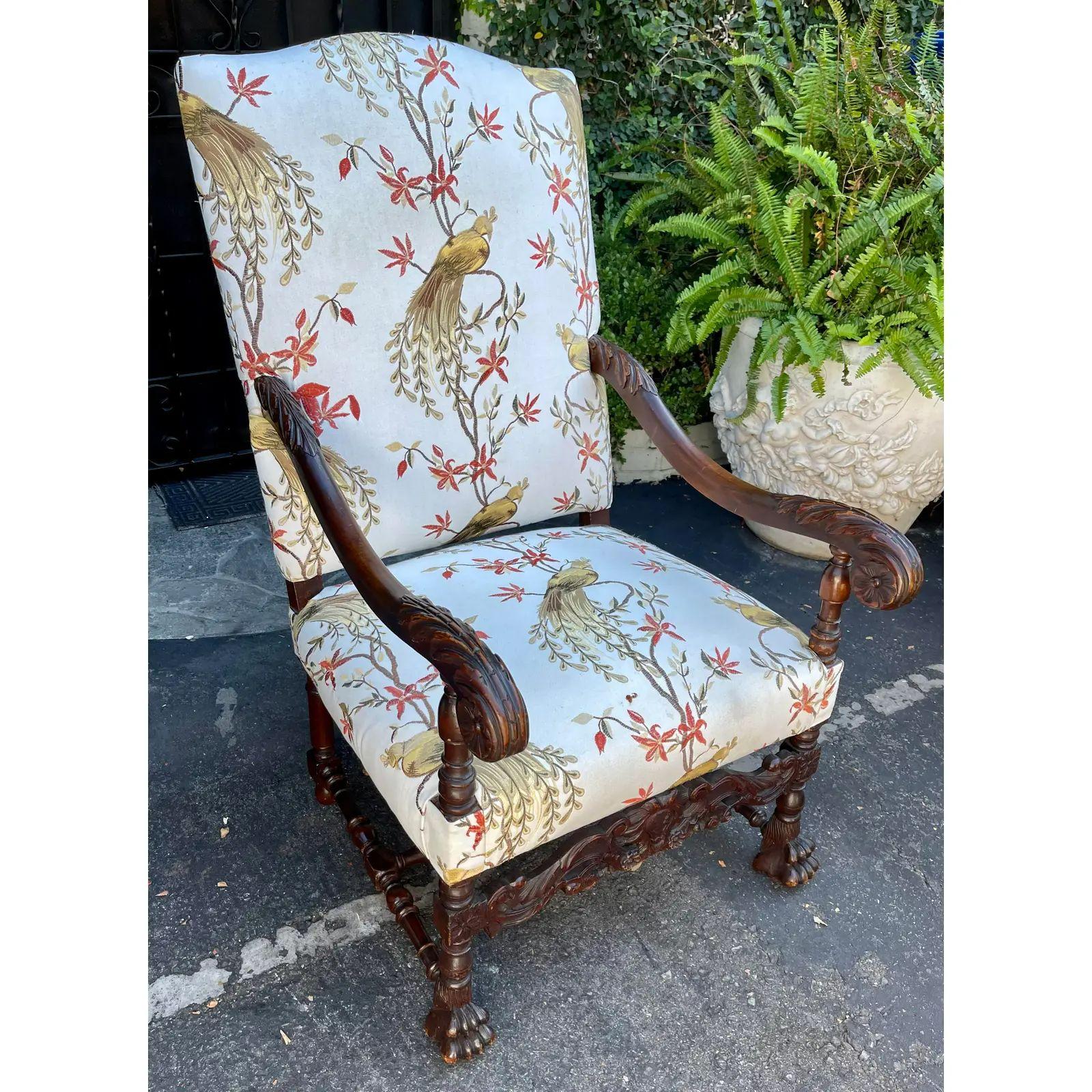 Spanish Colonial Antique Carved Walnut Throne Chair with Embroidered Bird Fabric, 19th Century