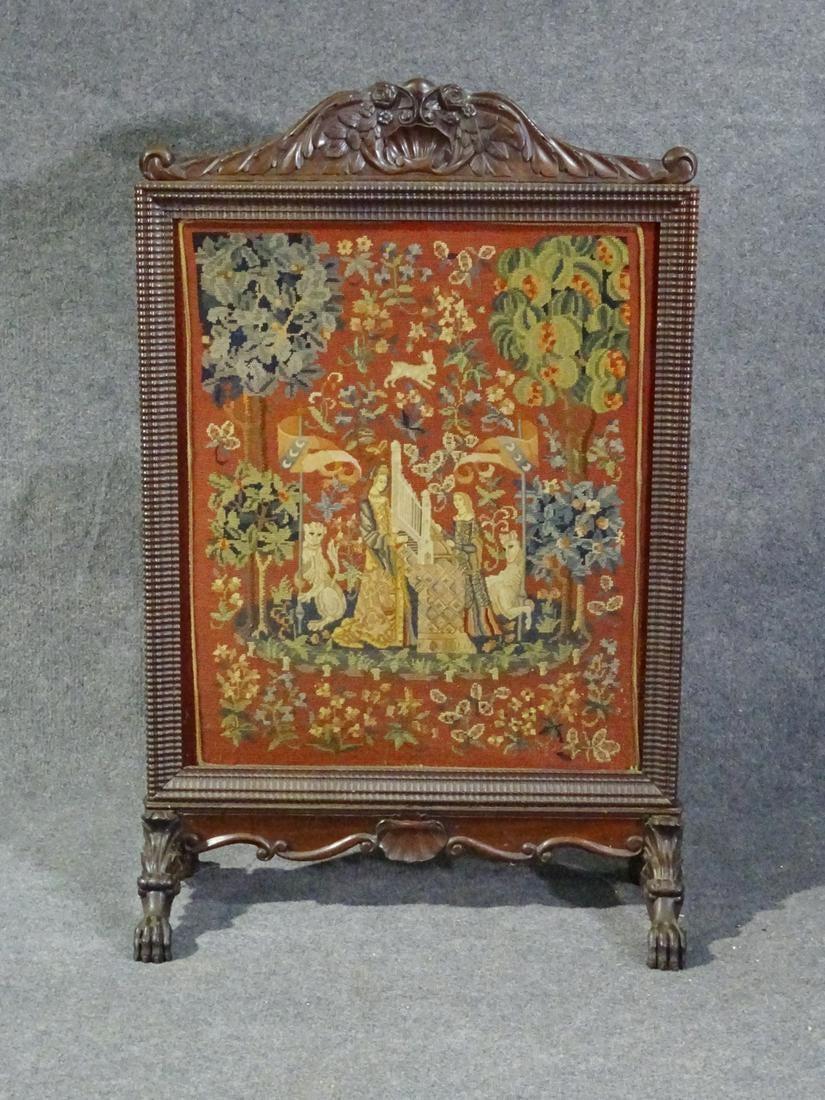 Late Victorian Antique Carved Walnut Victorian English Needlepoint Firescreen