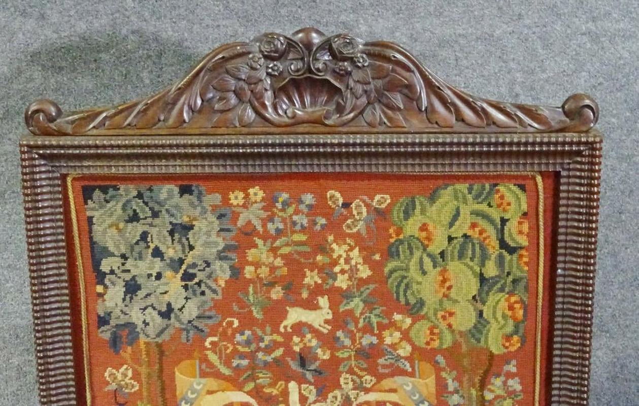 Antique Carved Walnut Victorian English Needlepoint Firescreen 2