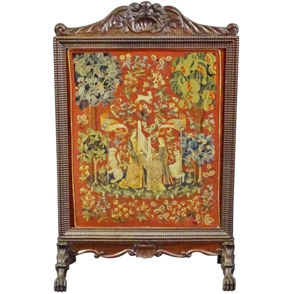 Antique Carved Walnut Victorian English Needlepoint Firescreen