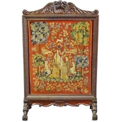 Antique Carved Walnut Victorian English Needlepoint Firescreen