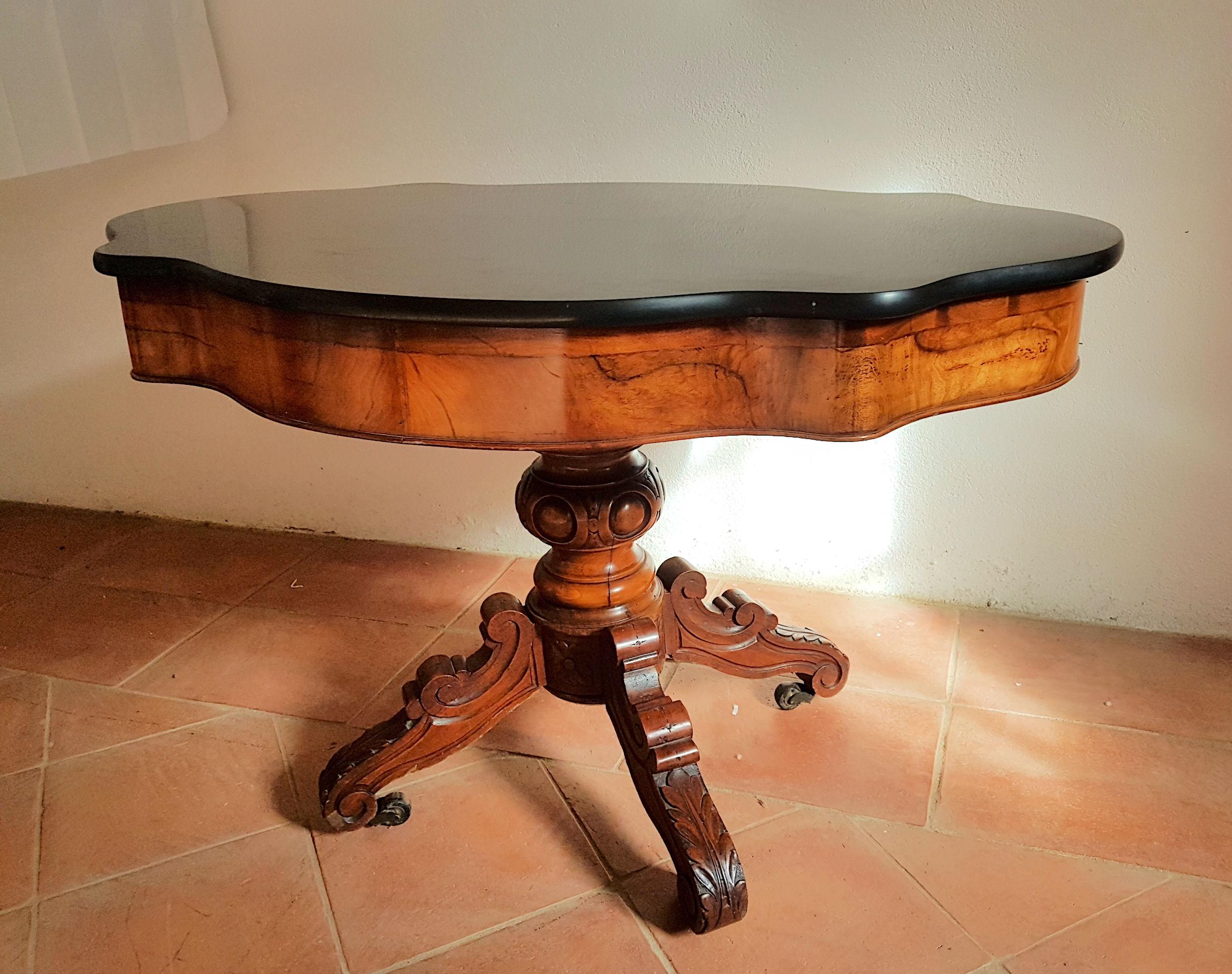 French Antique Carved Walnut Wood and Black Marble-Top Table, France, 1890s