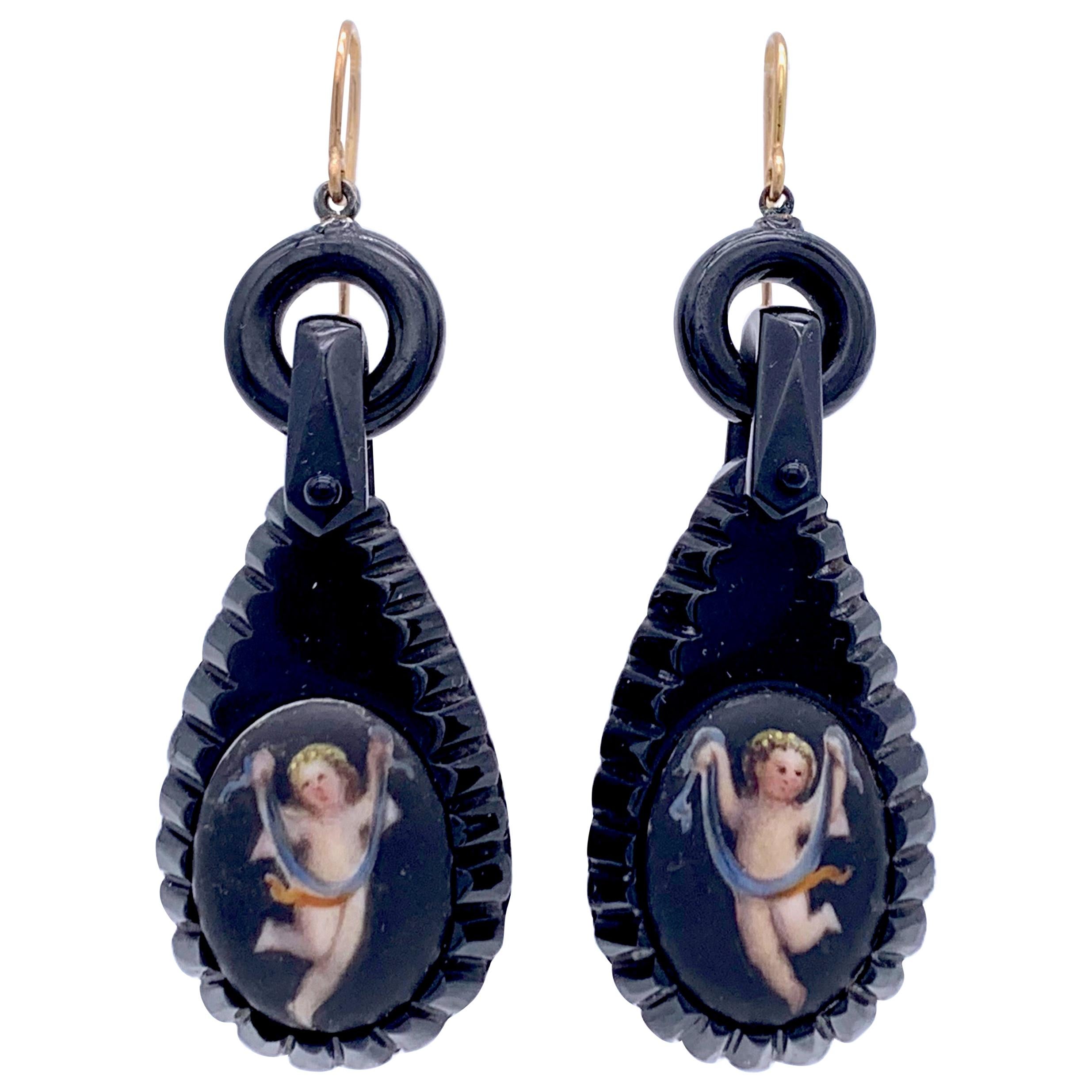Antique Carved Whitby Jet Earrings Dancing Cupids Putti Garlands Gold Porcelain