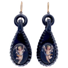 Retro Carved Whitby Jet Earrings Dancing Cupids Putti Garlands Gold Porcelain