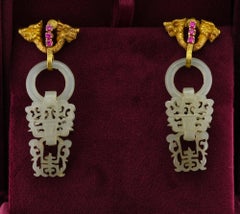Antique Carved White Jade Dragon Earrings 18 Kt gold