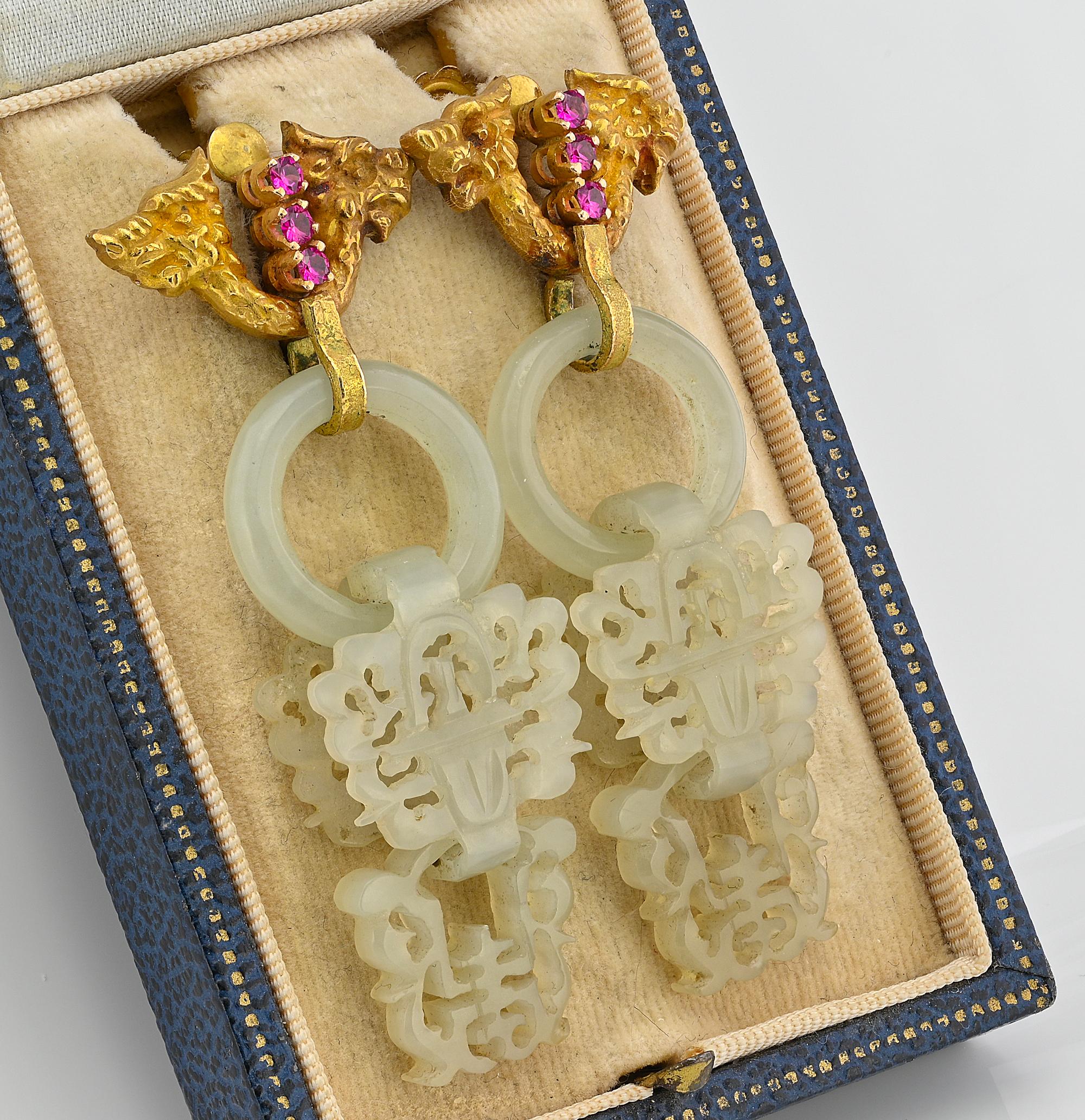 Edwardian Antique Carved White Jade Dragon Earrings 18 Kt gold For Sale