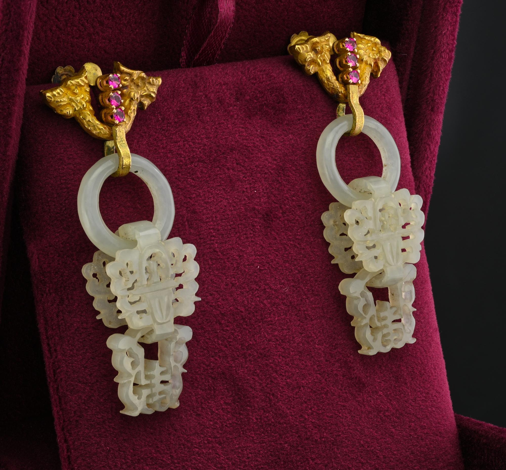 Cabochon Antique Carved White Jade Dragon Earrings 18 Kt gold For Sale