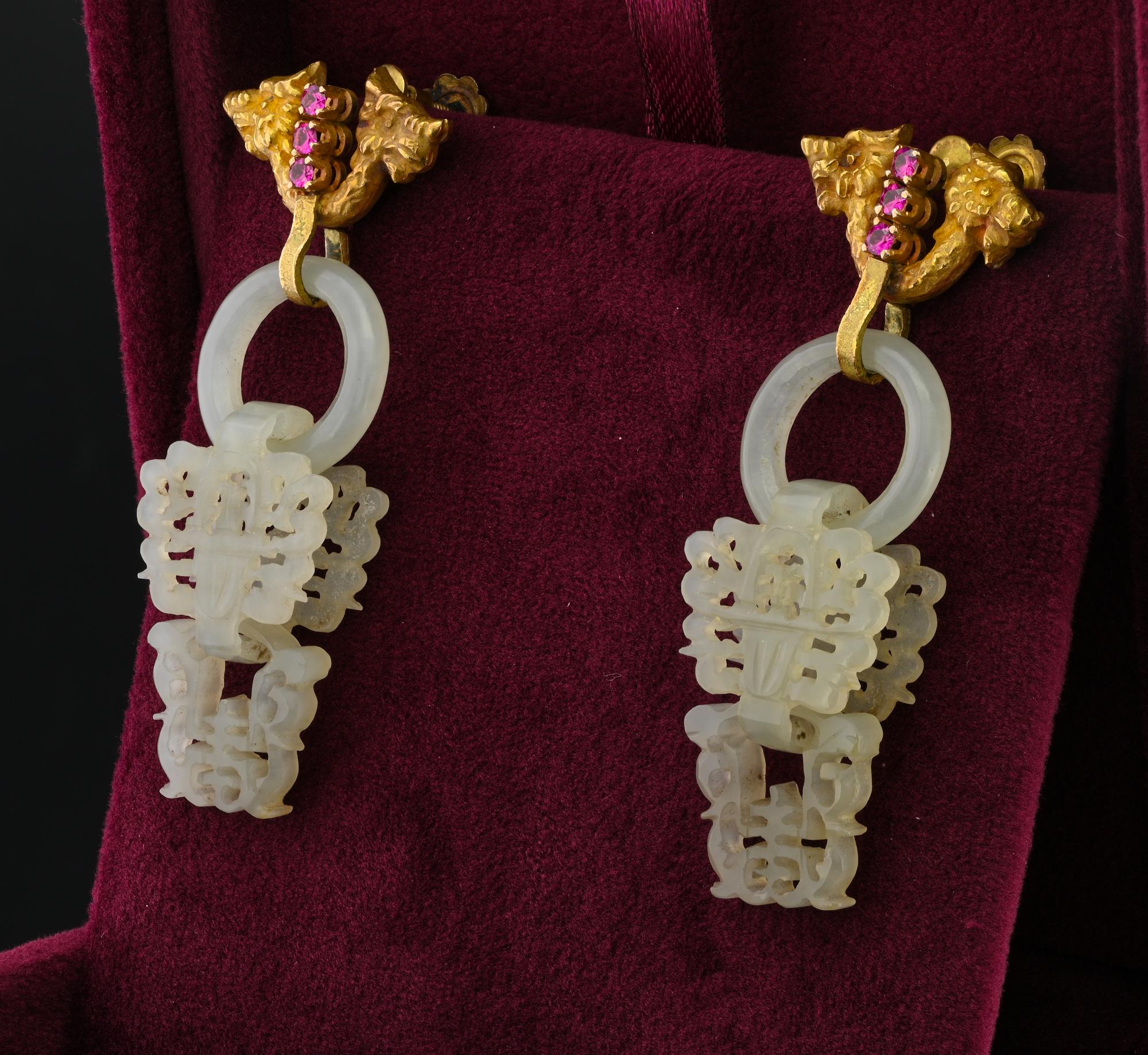 Women's Antique Carved White Jade Dragon Earrings 18 Kt gold For Sale