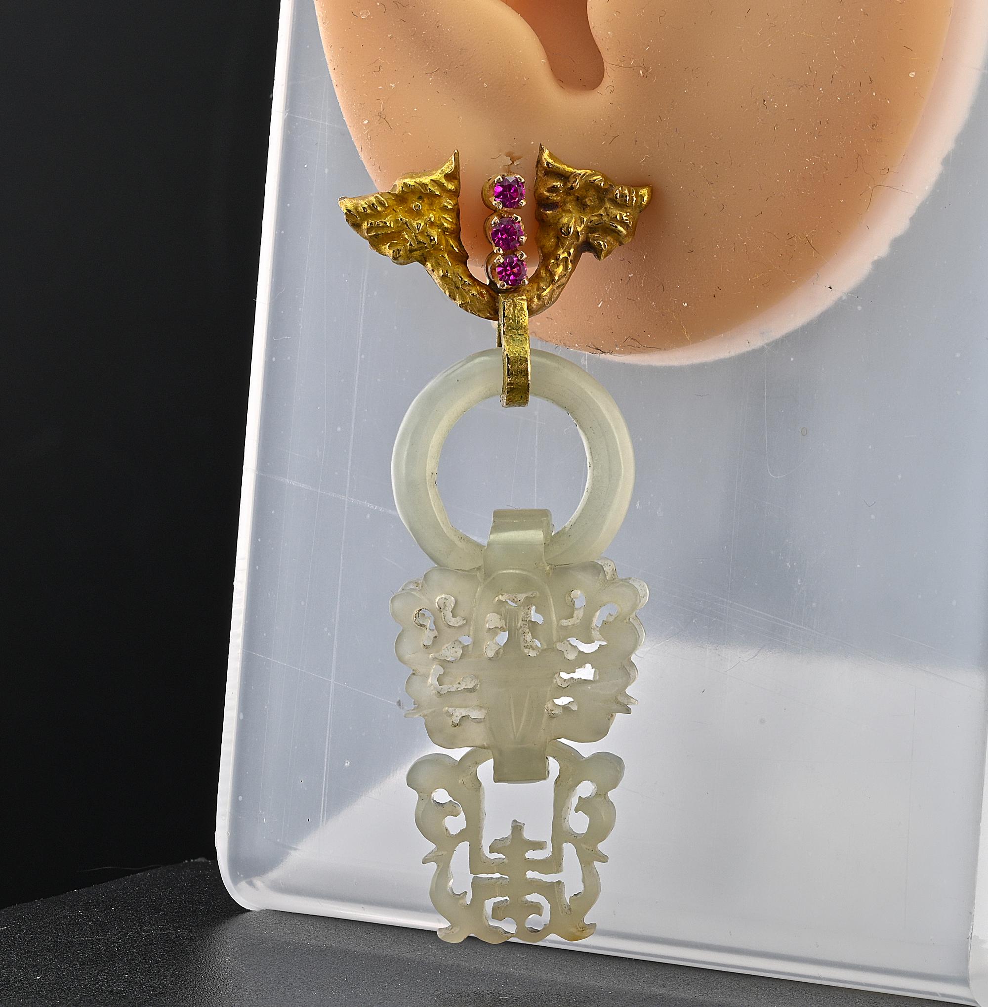 Antique Carved White Jade Dragon Earrings 18 Kt gold For Sale 2