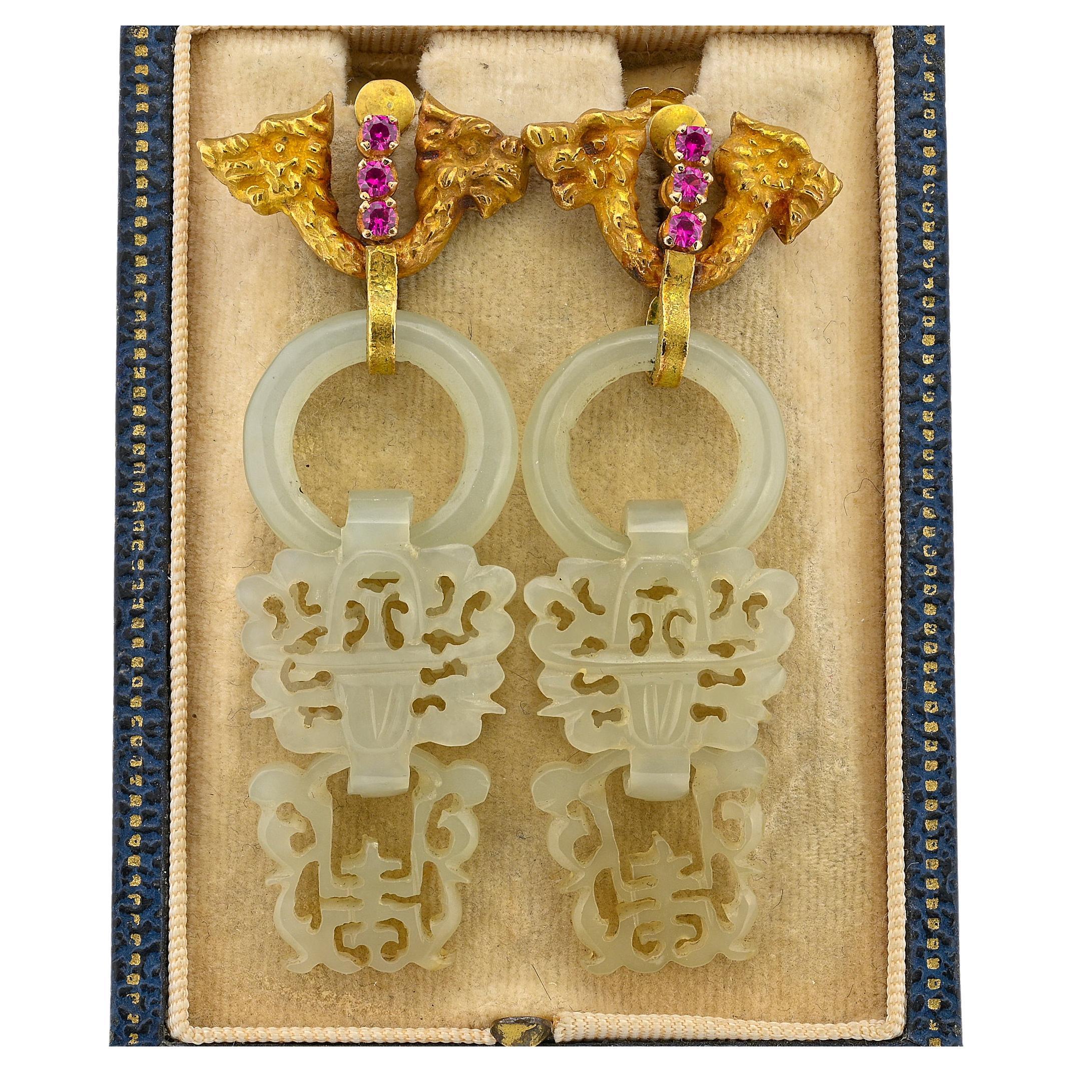 Antique Carved White Jade Dragon Earrings 18 Kt gold For Sale