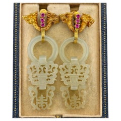 Antique Carved White Jade Dragon Earrings 18 Kt gold